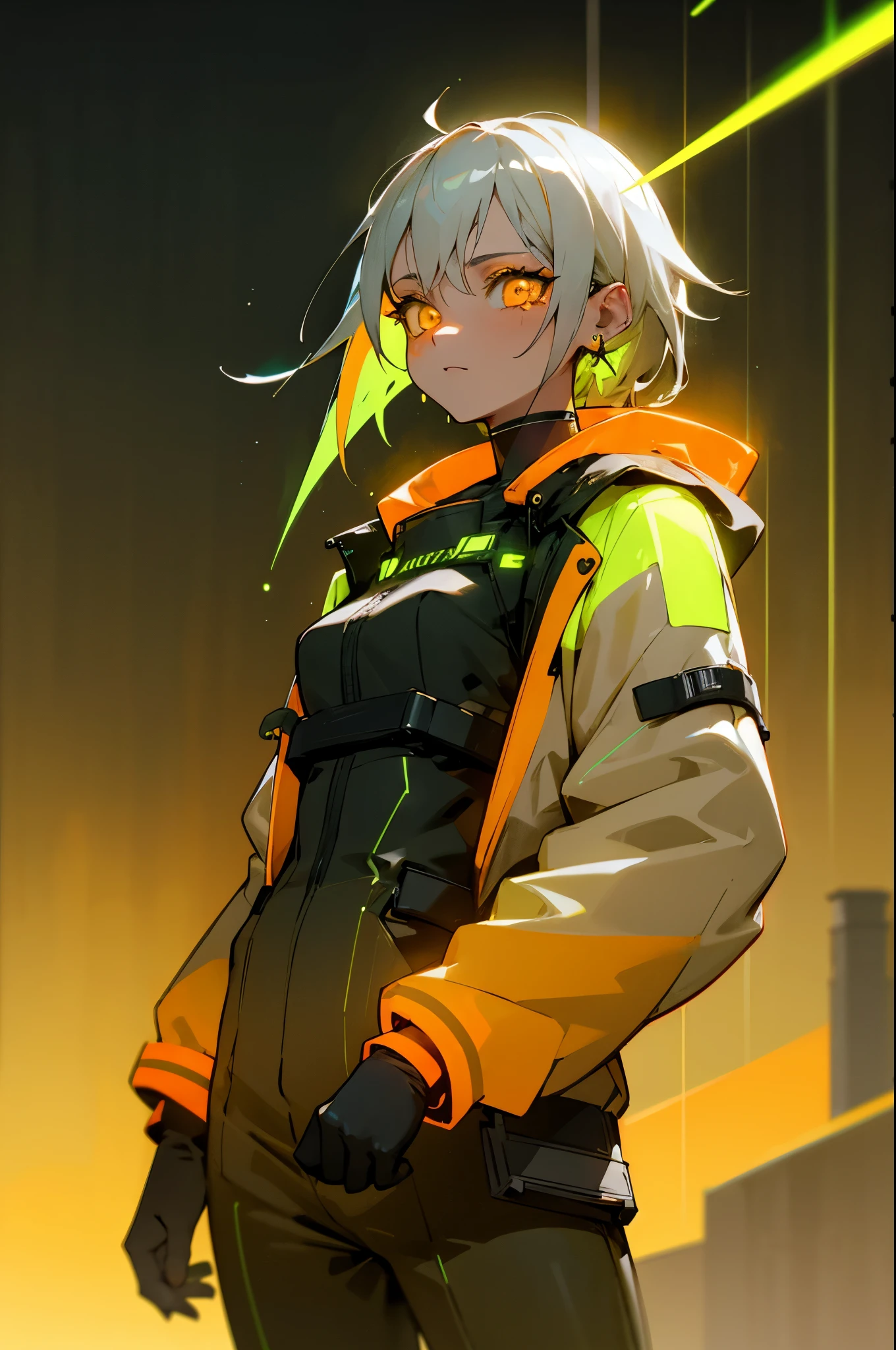 (masterpiece, best quality, night:1.4), (cowboy shot, silver hair:1.9), 8k, absurdres,neon, beautiful girl, (wearable computer:1.4), cyberpunk, cyber goth, (cyberpunkoutfit, fluorescence green accent, glowing green lines on short jacket:1.5), neon, bracelets and choker, (glowing, glow, film grain, chromatic aberration:2), (asian shopping district, street, buildings, skyscraper:1.2), makeup, (yellowish orange earrings:1.4), orange eyes, sharp focus, dark background, perspective, depth of field, (very small mechanical device, rain, HDR, facelight, sharp focus, dynamic lighting, cinematic lighting, professional shadow, extreme detailed, finely detail, real skin:0.8), (detailed eyes, sharp pupils, realistic pupils, dark back ground:0.6), (glitch effect:0.8)