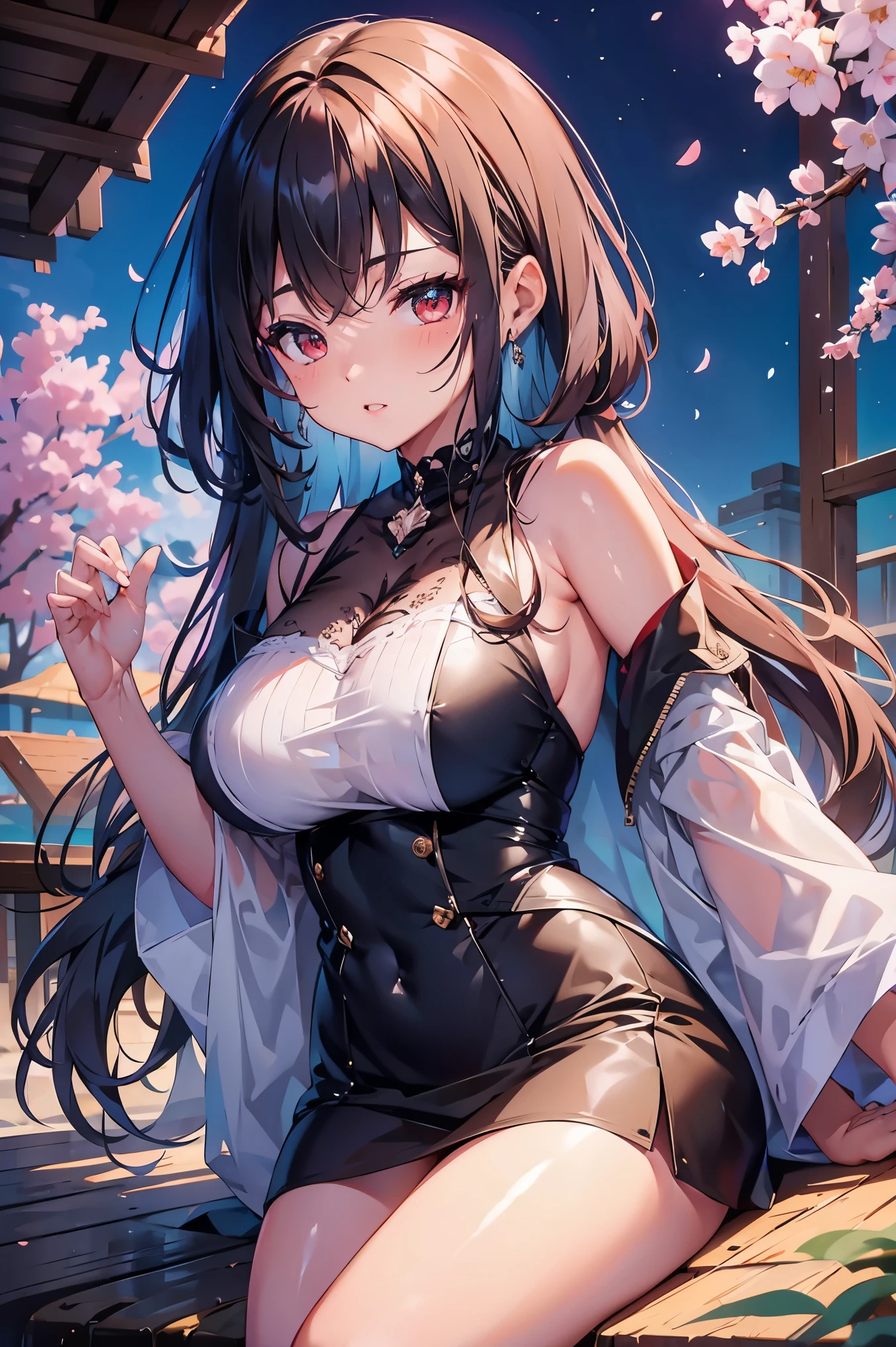 1 female、whole body、bottom angle、brown hair、long hair、well-groomed face、silver hair、dense lips、red eyes、blue one piece、valley、slim、mini skirt、cherry blossoms、cherry blossoms吹雪、petal、hot spring town、night、full moon、masterpiece、ultra high resolution、delicate、perfect lighting、sunlight、16K