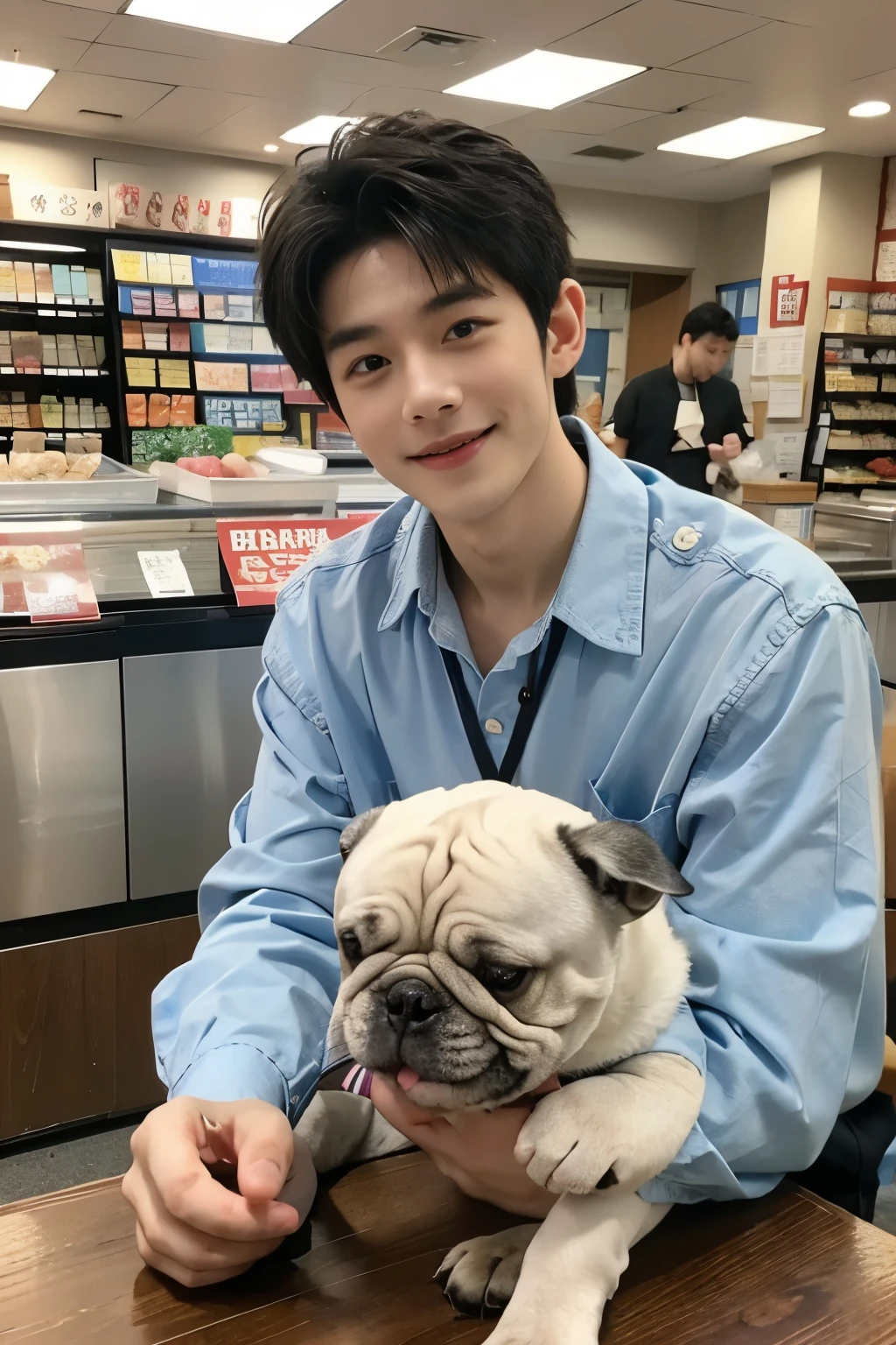 Japan. Akihabara pet shop, Tokyo. Handsome clerk. highest quality, masterpiece, ultra high resolution Looking at me and smiling