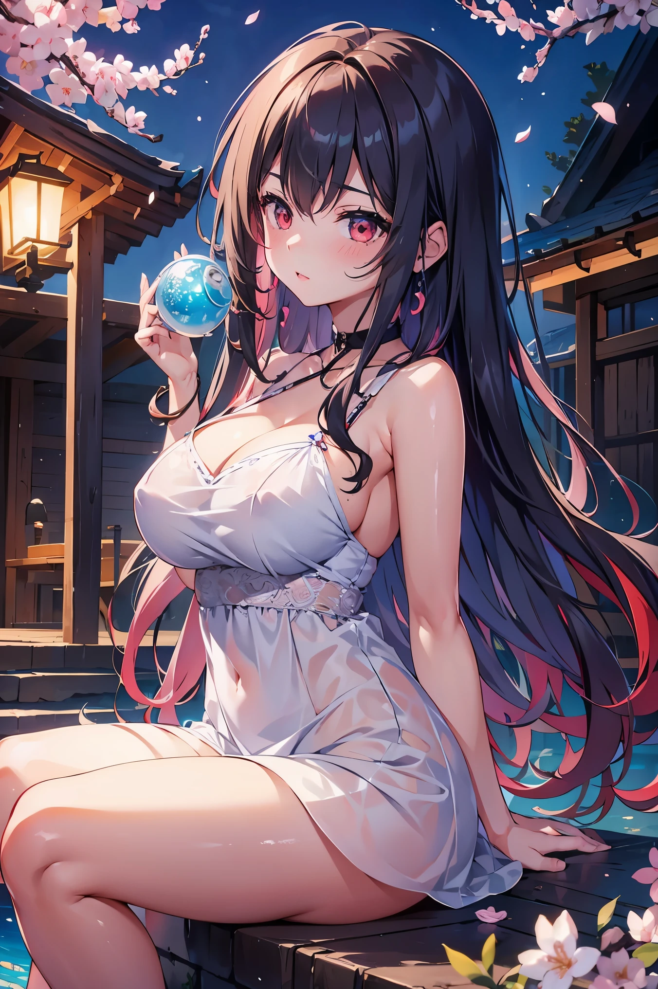 1 female、whole body、bottom angle、brown hair、long hair、well-groomed face、silver hair、dense lips、red eyes、blue one piece、valley、slim、mini skirt、cherry blossoms、cherry blossoms吹雪、petal、hot spring town、night、full moon、masterpiece、ultra high resolution、delicate、perfect lighting、sunlight、16K