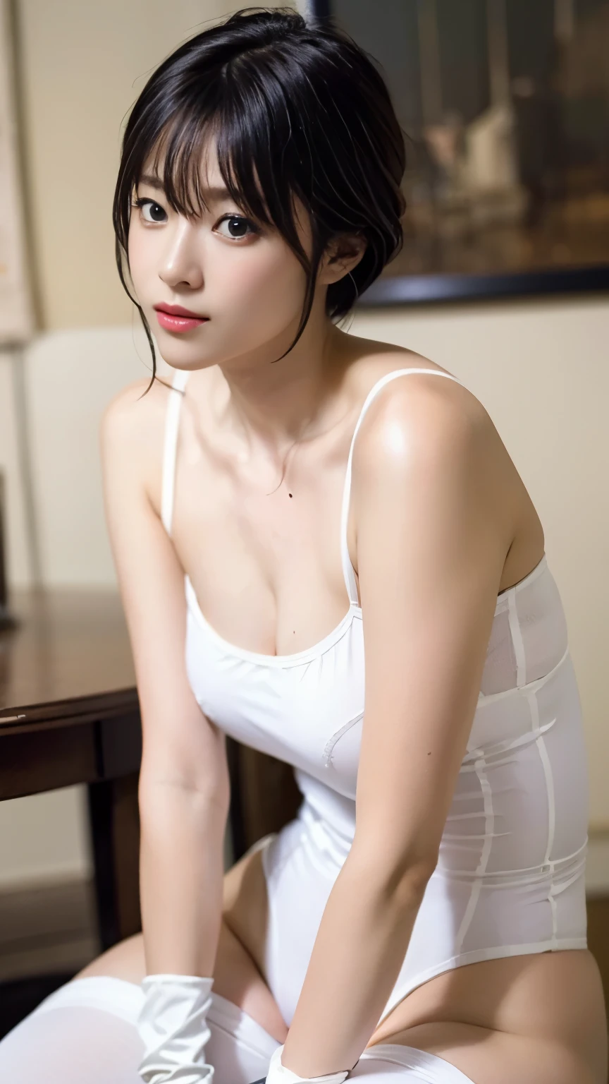 Super large breasts,cleavage,(Top quality, 8K, Masterpiece:1.3), Beautiful woman, 1 woman, Extra-large breasts:1.3, Slender body:1.1, (Sauna, Wet body), ( (Big white towel dress,No shoulder strap):1.3, com rosto detalhado, Detailed lips, Detailed eyes, (hair-bun, Single braid,), Sit on the, Perfect realistic body,nabel,legs,ssmile