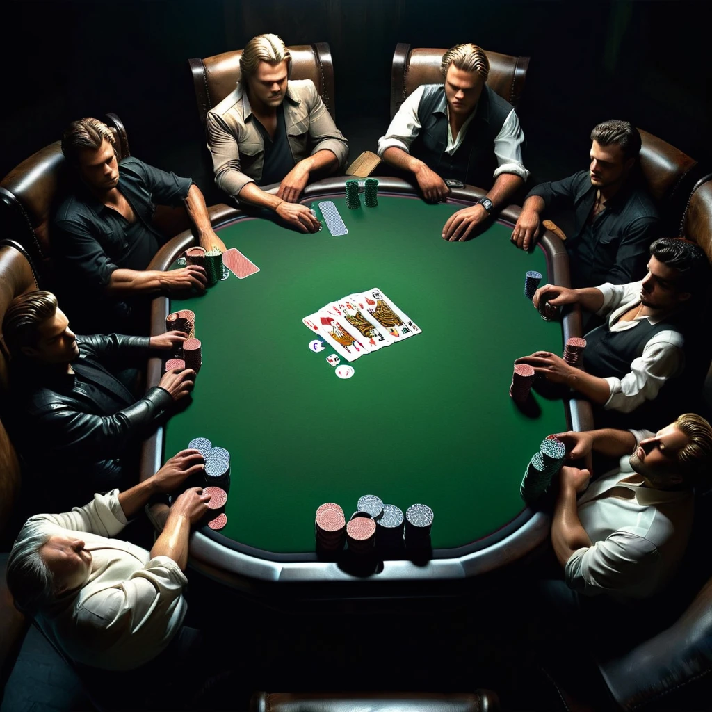 Top view of a poker table, players cast in shadows with a stack of chips central, All in.  cards dealt and bets placed, ultra-detailed, final showdown ambiance, octane render, 8K resolution, chiaroscuro effect, soft volumetric lighting, reminiscent of Raphael, Caravaggio, Greg Rutkowski, Beeple, Beksinski, and Giger's styles, photographic realism, cinematic composition, masterpiece-level oil painting., ultra-detailed, high contrast shadows emphasizing the grave markers, evoking the film's classic cinematography. High Resolution, High Quality, Masterpiece.best quality, masterpiece, super detail