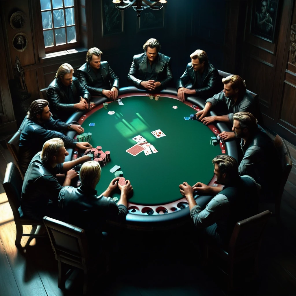 Top view of a poker table, players cast in shadows with a stack of chips central, All in.  cards dealt and bets placed, ultra-detailed, final showdown ambiance, octane render, 8K resolution, chiaroscuro effect, soft volumetric lighting, reminiscent of Raphael, Caravaggio, Greg Rutkowski, Beeple, Beksinski, and Giger's styles, photographic realism, cinematic composition, masterpiece-level oil painting., ultra-detailed, high contrast shadows emphasizing the grave markers, evoking the film's classic cinematography. High Resolution, High Quality, Masterpiece.best quality, masterpiece, super detail