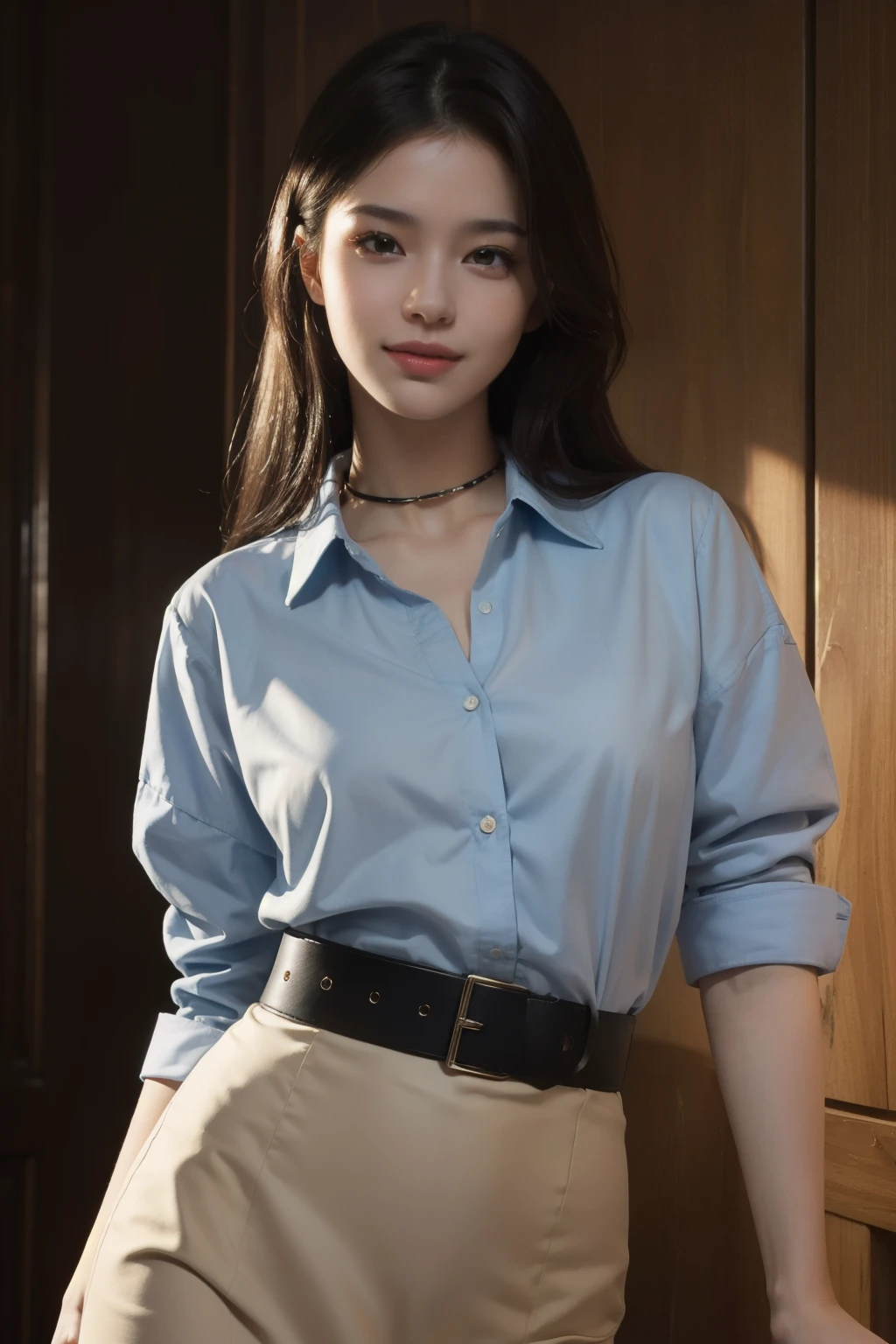 best quality, masterpiece, (photorealistic:1.4), 1girl, light smile, shirt with collars, waist up, dramatic lighting, from below open belt