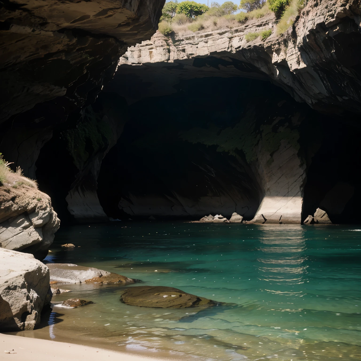 a beach with a cave, realistic
