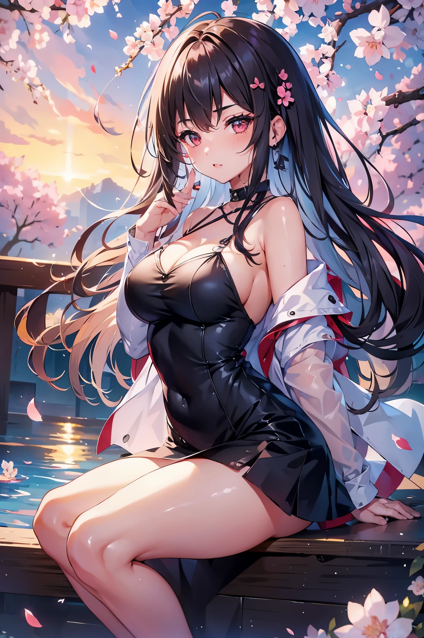 1 female、whole body、bottom angle、brown hair、long hair、well-groomed face、silver hair、dense lips、red eyes、blue one piece、valley、slim、mini skirt、cherry blossoms、cherry blossoms吹雪、petal、hot spring town、night、full moon、masterpiece、ultra high resolution、delicate、perfect lighting、sunlight、16K