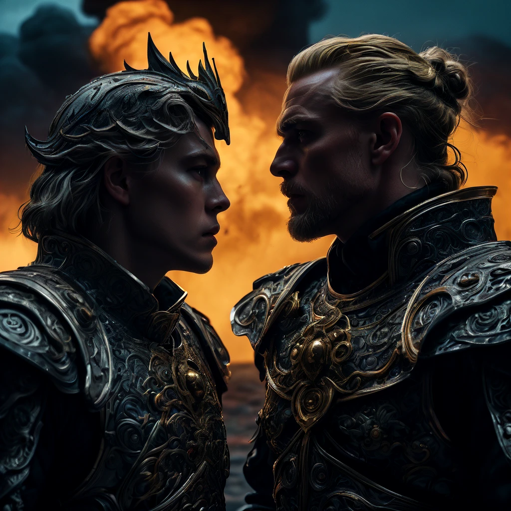 Final Showdown, aesthetic, extremely detailed, A color photo titled "The Final Showdown" depicts a tense face-off between a protagonist and antagonist under a moonlit, threatening atmosphere. Sweat and ready muscles hint at an imminent battle while shadows and distant thunder enhance the foreboding mood. The urgency is palpable, suggesting a ticking clock and the world's fate in balance. The scene is shot with a vintage Nikon F5 camera, offering precise details and shallow depth of field that highlights the characters. Christopher Nolan directs, Roger Deakins handles cinematography, and Alexander McQueen styles the costumes, infusing the scene with suspense, immersive visuals, and avant-garde elegance.
