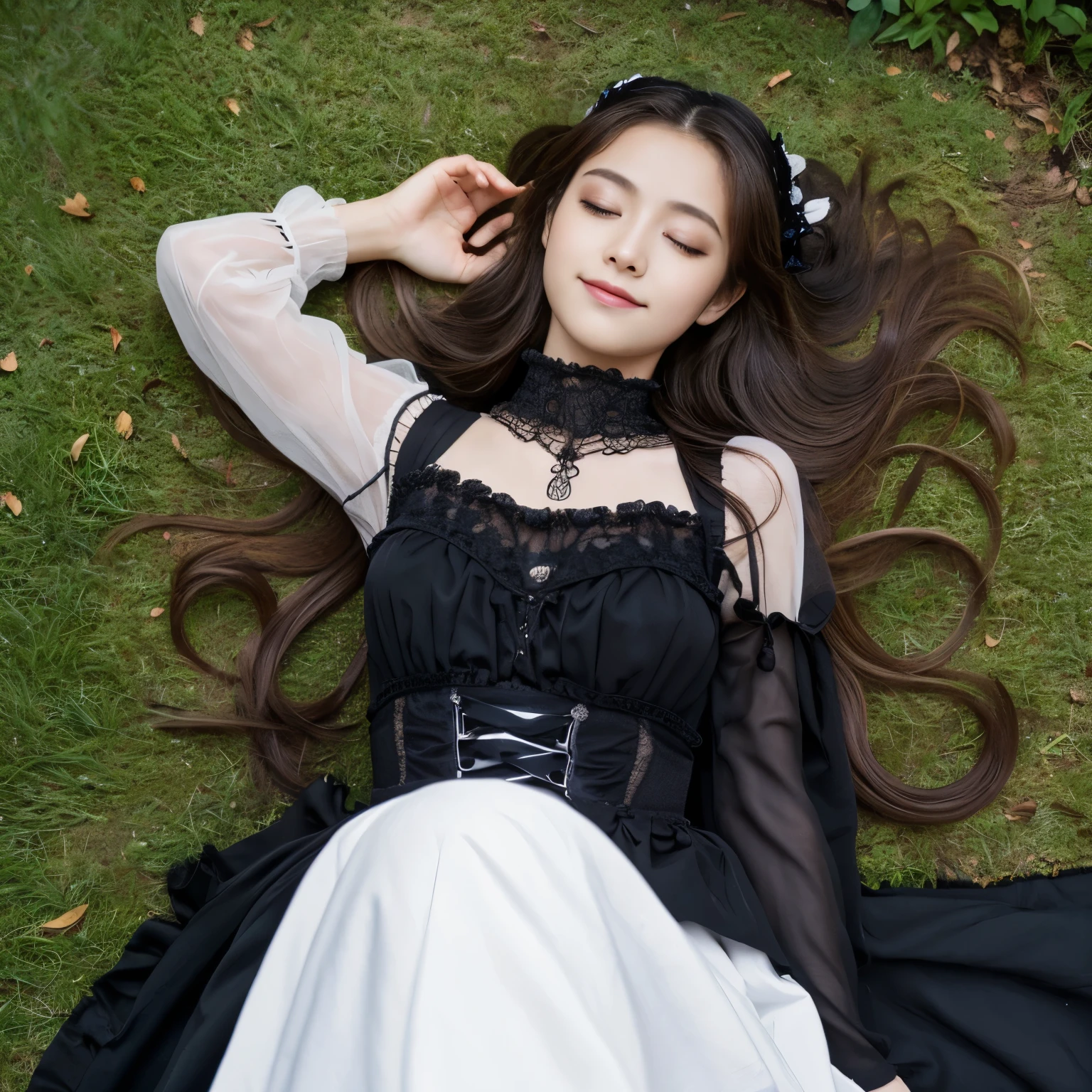 (masterpiece,highest quality,超A high resolution),japanese woman, (((very beautiful 16 year old girl))), pretty girl、look at the photographer、Front view, (((long hair))), super cute face, glossy lips, smile、 natural makeup, long eyelashes, Shiny and smooth hair、center image, perfect limbs, perfect ???????,(((gothic clothes)))、(((sit in the park)))、Shooting from directly above、Are sleeping、sleep、Fainting、A good night's sleep、lethargy、eyes closed