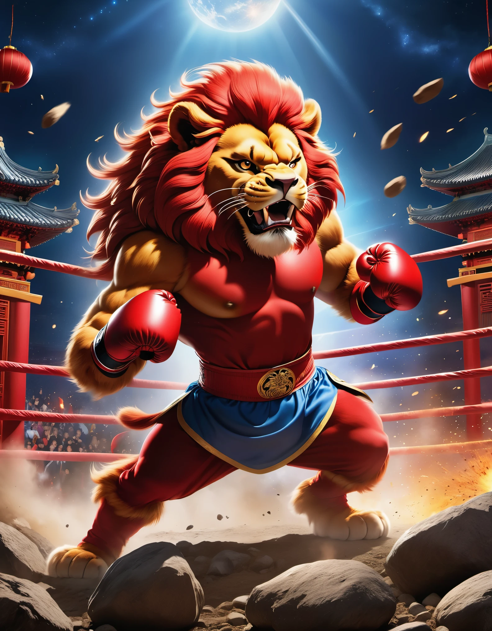 Movie Poster, Dueling Moments, (a strong red Chinese lion in a boxing match), punching action, anthropomorphic, vast universe, landslide, crushed stones flying around, world conquering, crushing everything,
Elevation Angle Photography, Poster, Animation, Studio Ghibli, Detailed Illustration, Official Art, Kawasaki Style, 32k, Night, HD Wallpaper, Selective Focus, Documentary Style, Precisionist Influence, Thought-provoking, Ethereal Atmosphere