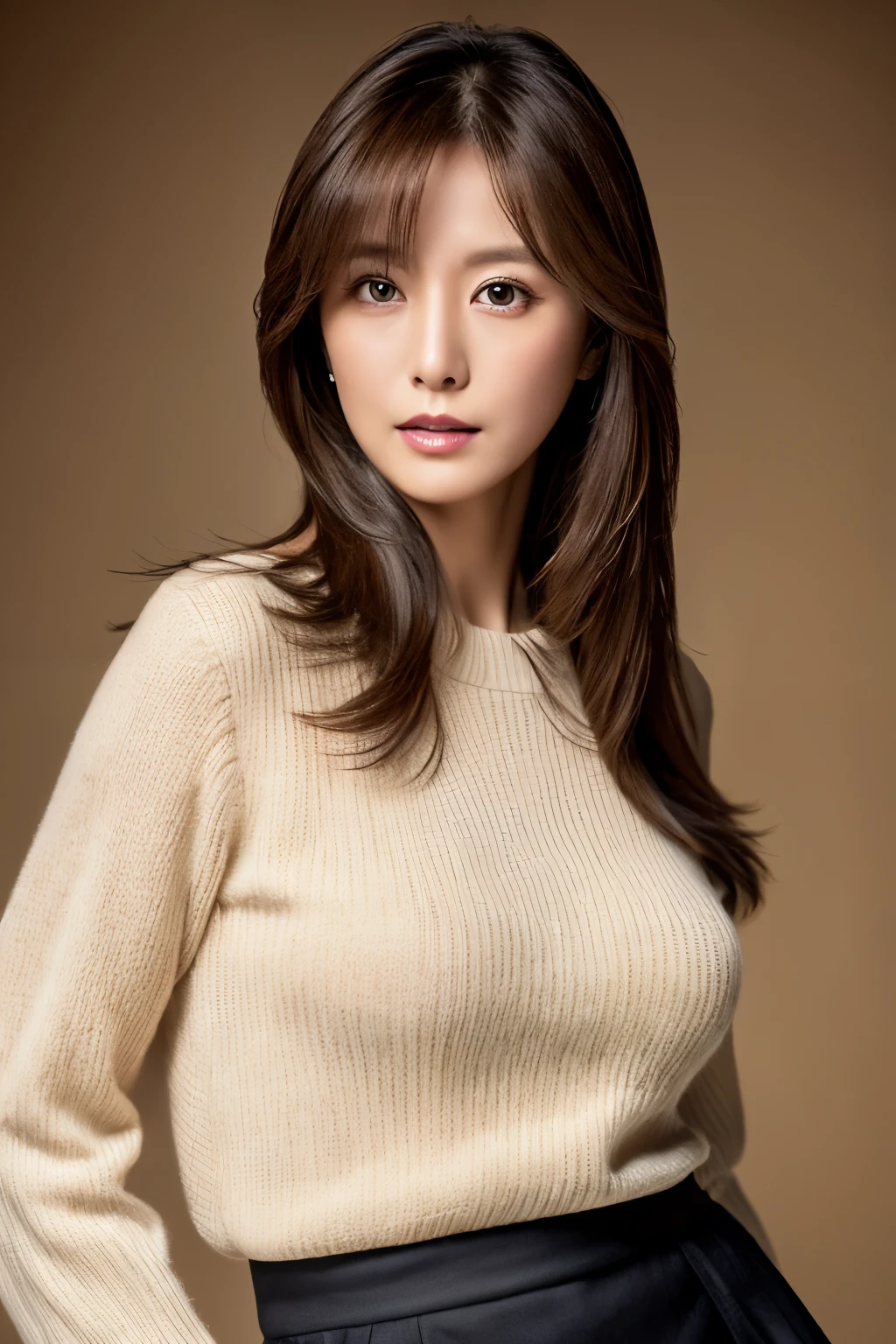 Masterpiece, top-quality, high resolution, Photorealsitic, sharp, Raw photography, 8K wallpaper, flawless, Professional lighting, highly detailed, depth of fields, Pale solid color background, ((one beautiful women, Skinny Japanese mature)), (40 years old), Sexy, Detailed face, beautidful eyes, bangs, small breasts, very thin waist, Light Brown Straight Hair, Faint lips, ((standing at front, Staring at the viewer, serious face eyes.)), Sweaters, skirt, (full-body photo), cowboy shot