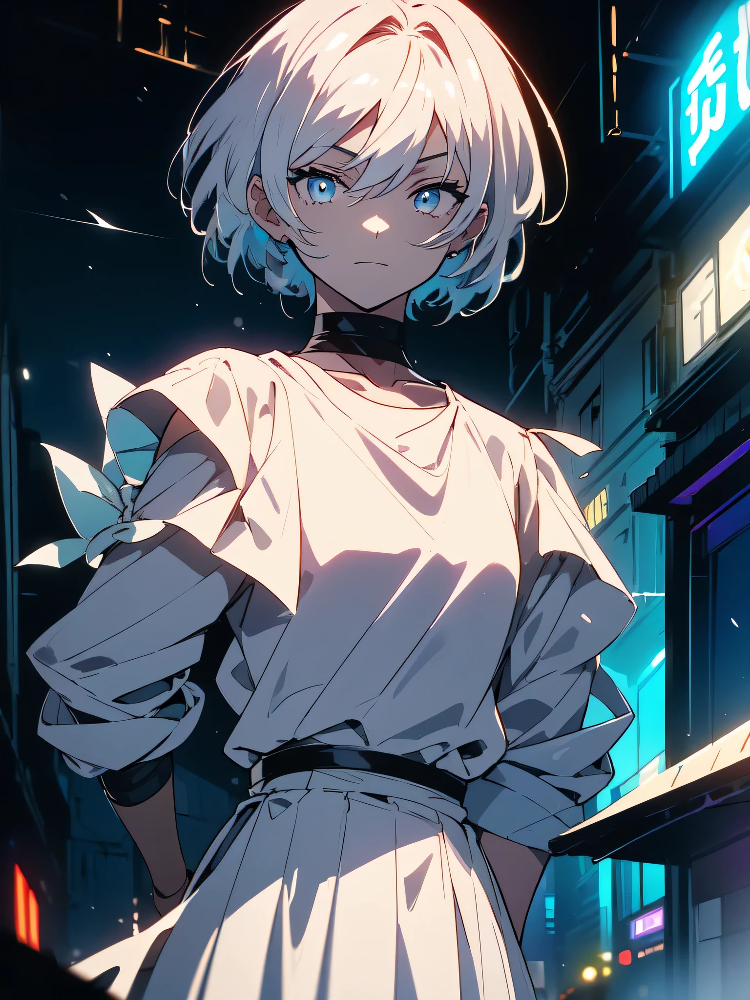 (masterpiece, highest quality、be familiar with)、(shining eyes), ((one young man)),((cool boy))、(sky gray hair,inner color)、colorful eyes,serious expression, evil smile,line drawing,((short hair))、messy hair、(all back、reap),(asymmetrical hair、two block hair),white blazer,black t-shirt,expressionless eyes,((beautiful animeスタイル))、(dark and serious background),(dark back alley)、(downtown at night)、beautiful anime