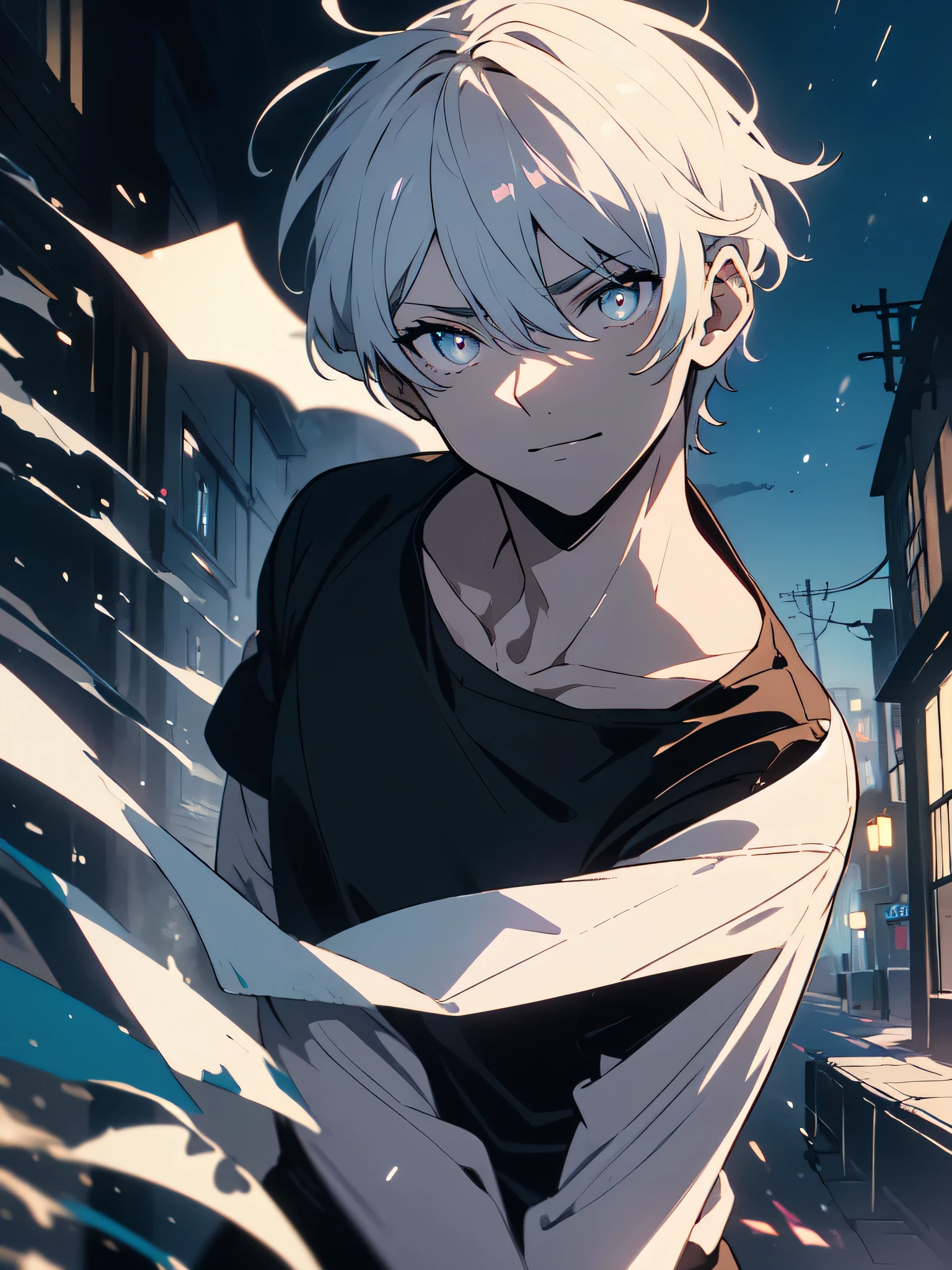 (masterpiece, highest quality、be familiar with)、(shining eyes), ((one young man)),((cool boy))、(sky gray hair,inner color)、colorful eyes,serious expression, evil smile,line drawing,((short hair))、messy hair、(all back、reap),(asymmetrical hair、two block hair),white blazer,black t-shirt,expressionless eyes,((beautiful animeスタイル))、(dark and serious background),(dark back alley)、(downtown at night)、beautiful anime