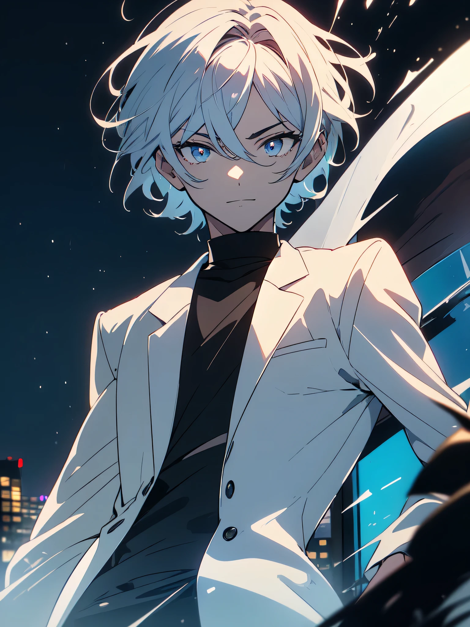 (masterpiece, highest quality、be familiar with)、(shining eyes), ((one young man)),((cool boy))、(sky gray hair,inner color)、colorful eyes,serious expression, evil smile,line drawing,((short hair))、messy hair、(all back、reap),(asymmetrical hair、two block hair),white blazer,black t-shirt,expressionless eyes,((beautiful animeスタイル))、(dark and serious background),(dark back alley)、(downtown at night)、beautiful anime