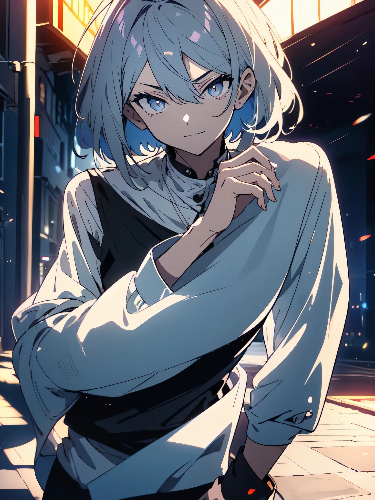 (masterpiece, highest quality、be familiar with)、(shining eyes), ((one young man)),((cool boy))、(sky gray hair,inner color)、colorful eyes,serious expression, evil smile,line drawing,((short hair))、messy hair、(all back、reap),(asymmetrical hair、two block hair),white blazer,black t-shirt,expressionless eyes,((beautiful animeスタイル))、(dark and serious background),(dark back alley)、(downtown at night)、beautiful anime