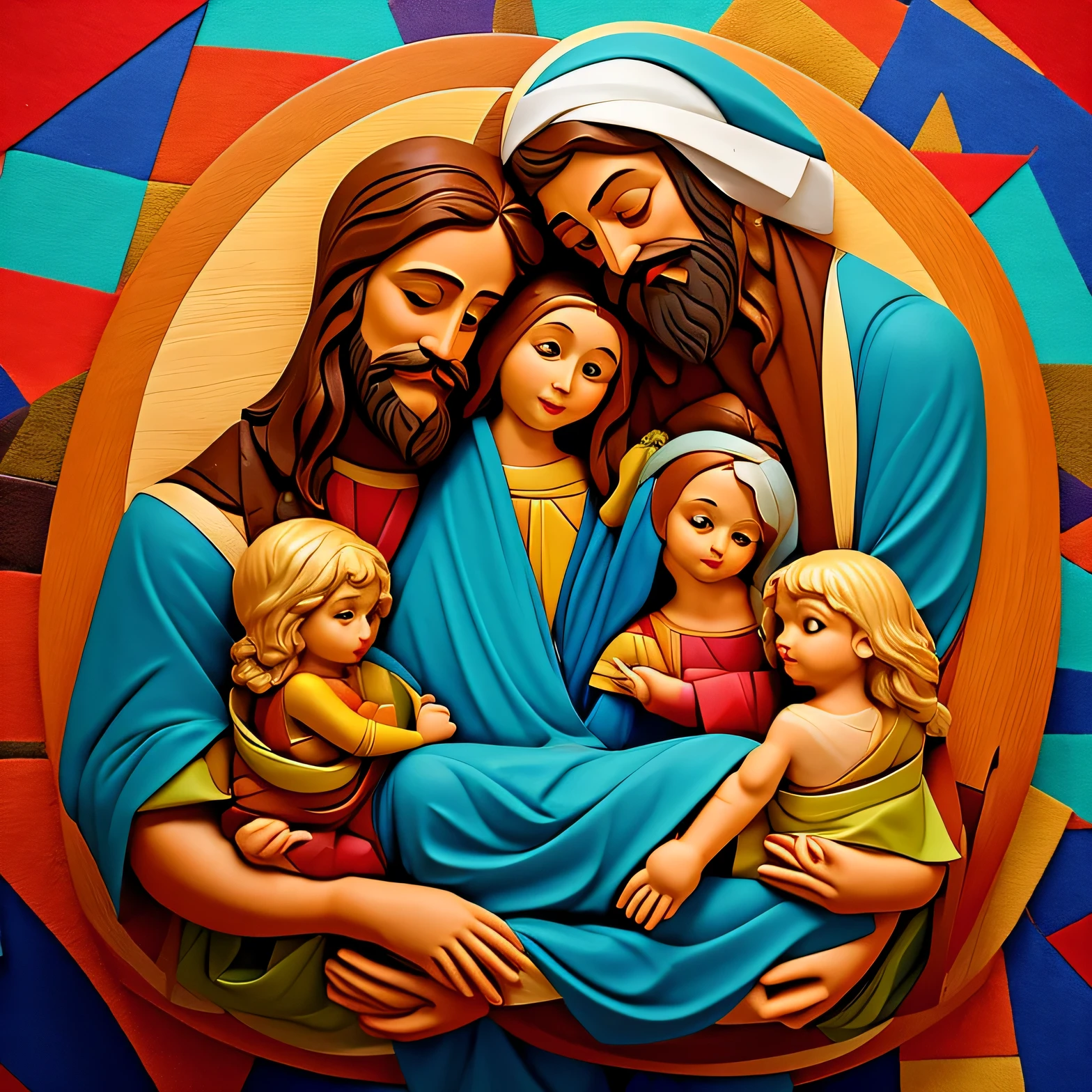 Jesus Christ with young blond girl on his lap, christian art, high quality, highly detailed,(celestial bodies), painting, in the style of Greg Olsen