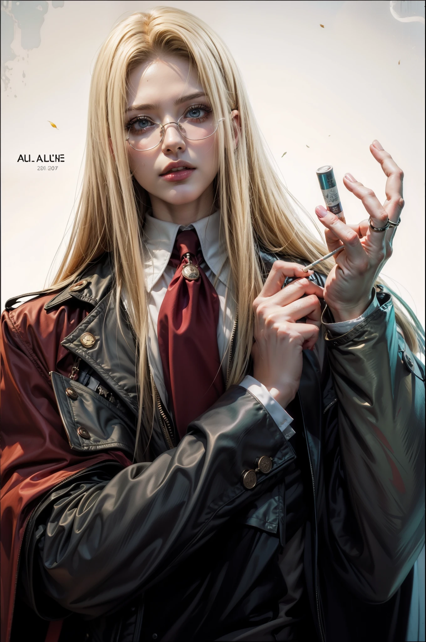 anime character with long blonde hair and glasses holding a cigarette, alucard, johan liebert mixed with alucard, zerochan art, at pixiv, digital art from danganronpa, l vampire, top rated on pixiv, | | very very anime!!!, pixiv, zerochan, pixiv style, high quality fanart, key anime art