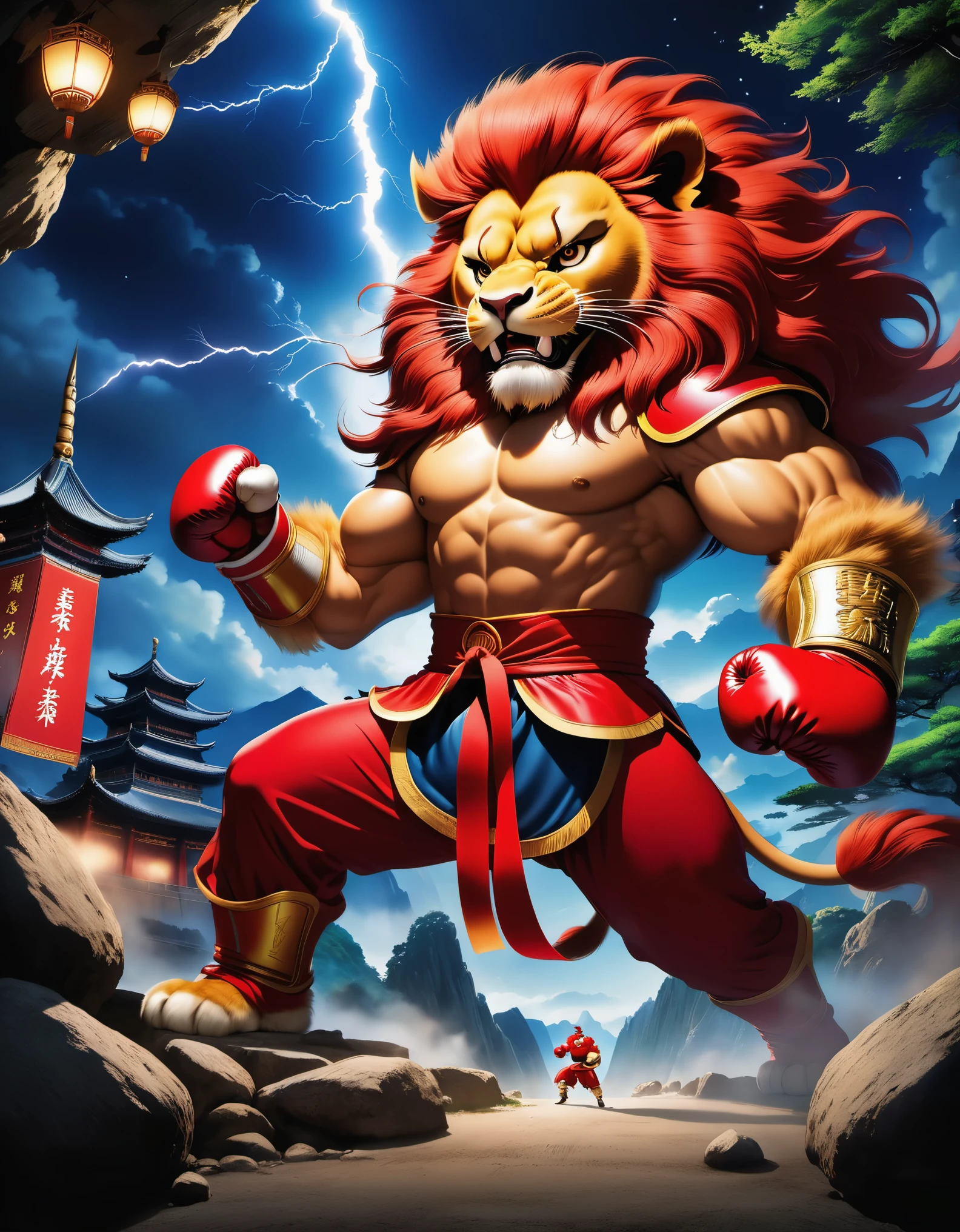 Movie Poster, Dueling moments, (a strong red Chinese lion in a boxing match), punching action, anthropomorphic, letters "china", vast universe, landslide, crushed stones flying around, lightning, world conquering, crushing everything, shocking images, elevated angle photography, poster, animation, Studio Ghibli, detailed illustration, Cavalleria style, 32k, night, official art, selective focus, documentary style.
Elevation Angle Photography, Poster, Animation, Studio Ghibli, Detailed Illustration, Official Art, Kawasaki Style, 32k, Night, HD Wallpaper, Selective Focus, Documentary Style, Precisionist Influence, Thought-provoking, Ethereal Atmosphere