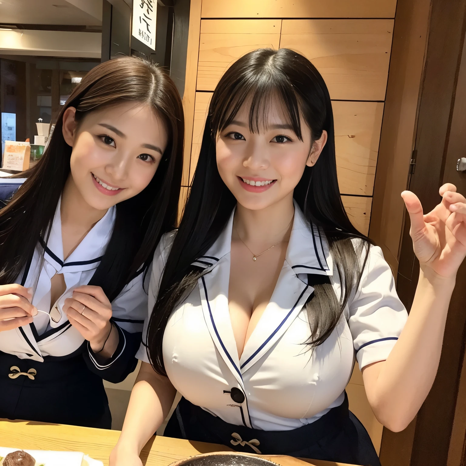 1 girl, alone, highest quality, 8k, japanese women pictures, 25 years old,sailor suit, long straight black hair,, ((Plump)), ((big breasts)),uniform, mini skirt,, best smile ever,Izakaya, Grow eyes, shining happiness, considerate personality, sweet feminine aura, Calm but resolute attitude, lightly freckled cheeks, a spirit of warmth and joy, blazer, eyes shining with dedication, Two people in love,couple,A picture of a man and a woman, a humble and dedicated ,blazer, ,Izakayaの中,banquet,banquet,Year-end party,Izakaya,Izakaya,beer mug,big breasts,valley,超big breasts,valley,big breasts,超big breasts,huge breasts,A chest that is about to burst,くっきりしたvalley,big breasts,valley,big breasts,valley,man in his 40s,man in his 40s,man in his 40s