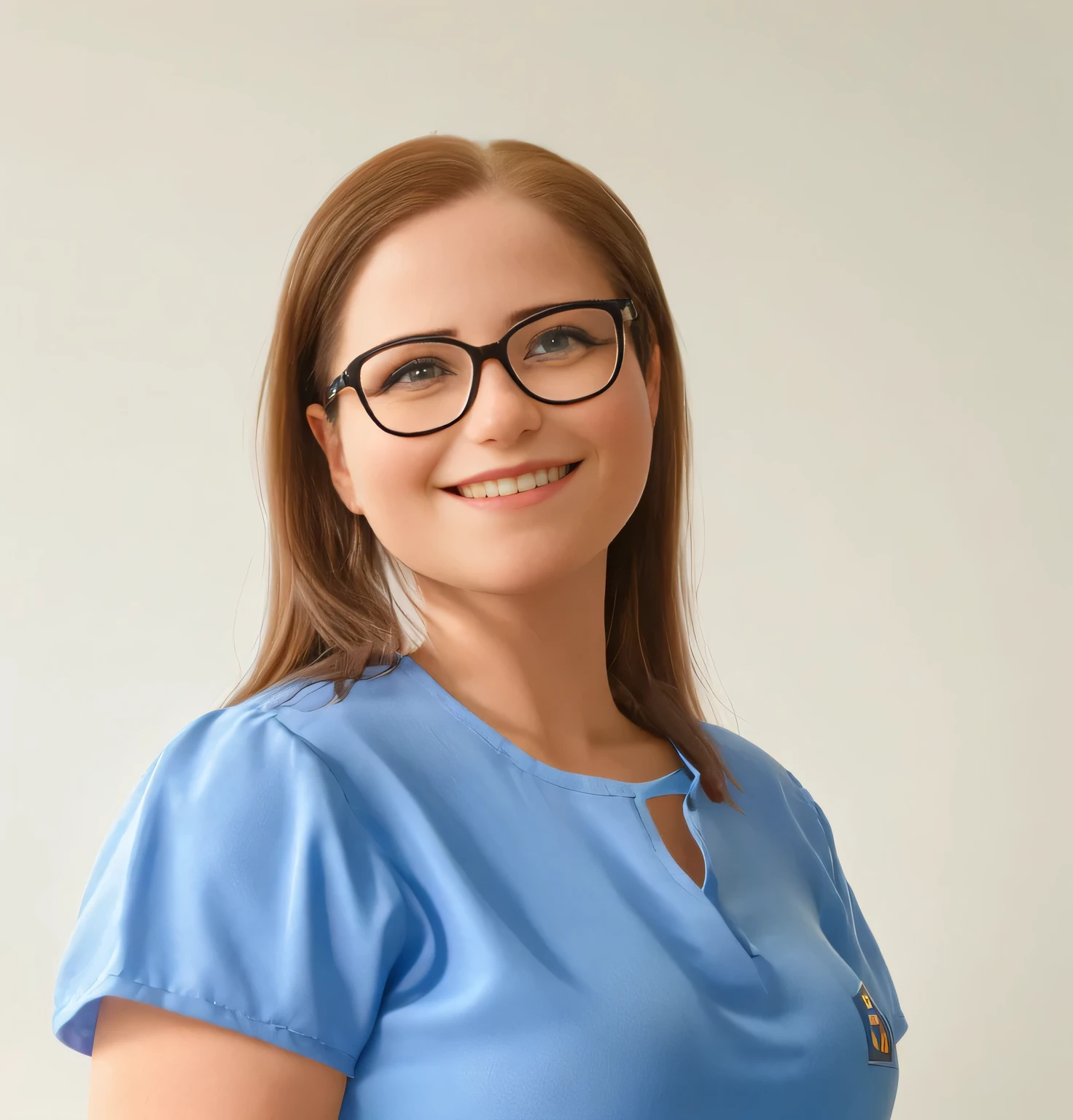 Mulher de meia idade, cabelo vermelho, sorridente, with black glasses. Camisa azul claro.