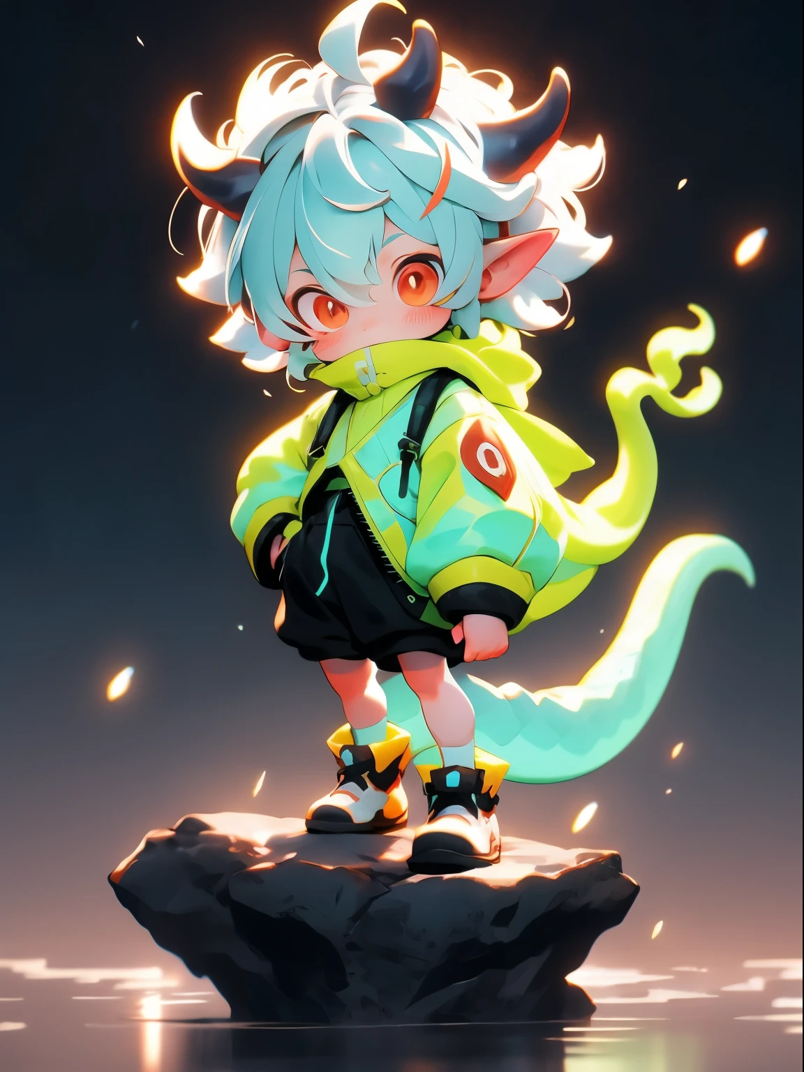 Stylistic image of a  standing on a rock by the sea, concept art by Shitao, Pisif, Furry art，trending on artstation pixiv, Guviz-style artwork, lalafell, Guviz, Guweiz on ArtStation Pixiv, young male anthro dragon，White hair，White hair，Close-up photos，Red