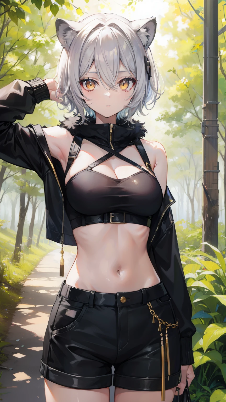 gray hair,best image quality,age girl,masterpiece,black skin,short hair,Lion ears,short hair,golden eyes,,tits,shining face,dense forest,,slender,Fur vest,Tube top,shorts