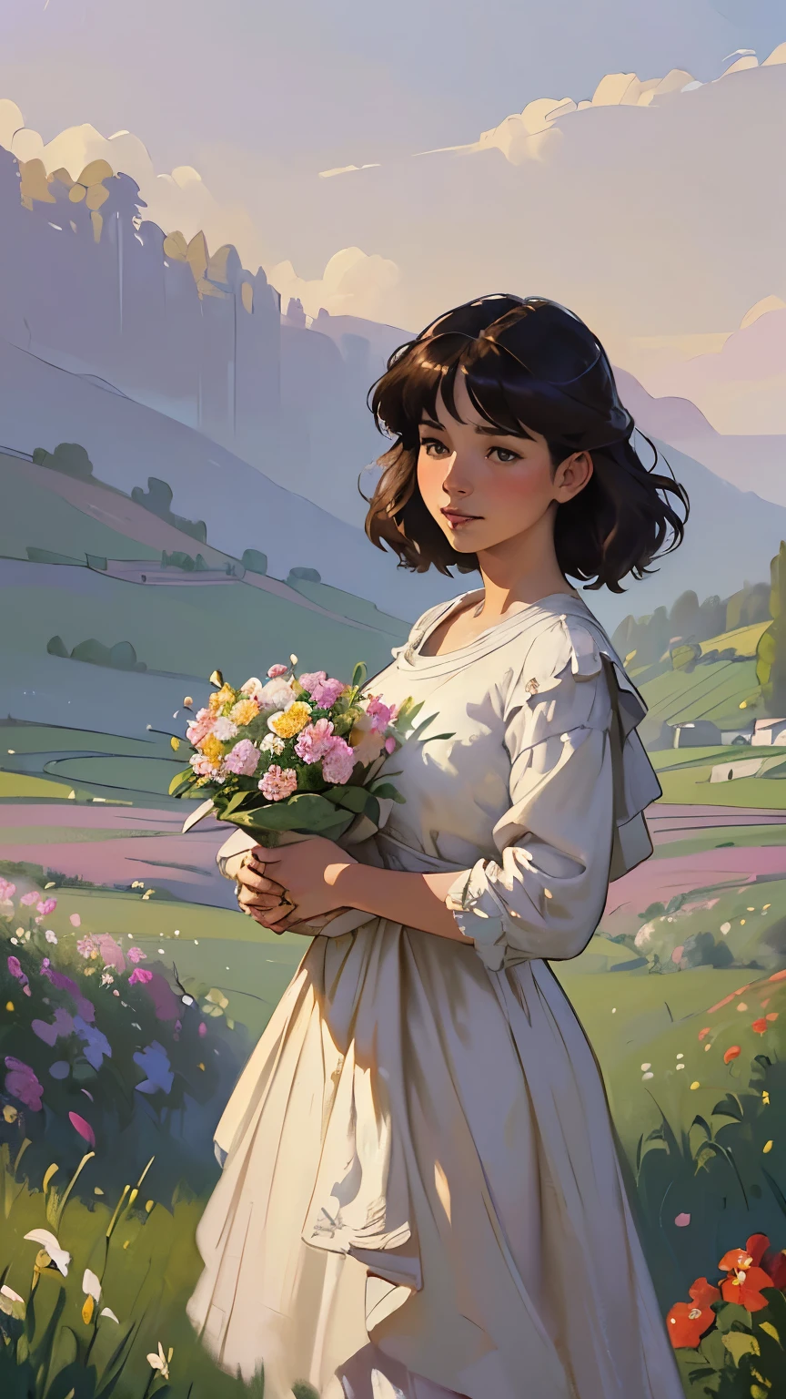 ((Sargent style watercompressionist style painting、(highest quality、masterpiece)、soft light、Countryside painted on a foggy morning、soft light、Painting of a woman standing on a hill with flowers in her hands, art of edouard bisson, Krenzkushard, Inspired by Pierre Auguste Cotto, WLOP painting style, Mark Ariane, Inspired by Cynthia Shepherd