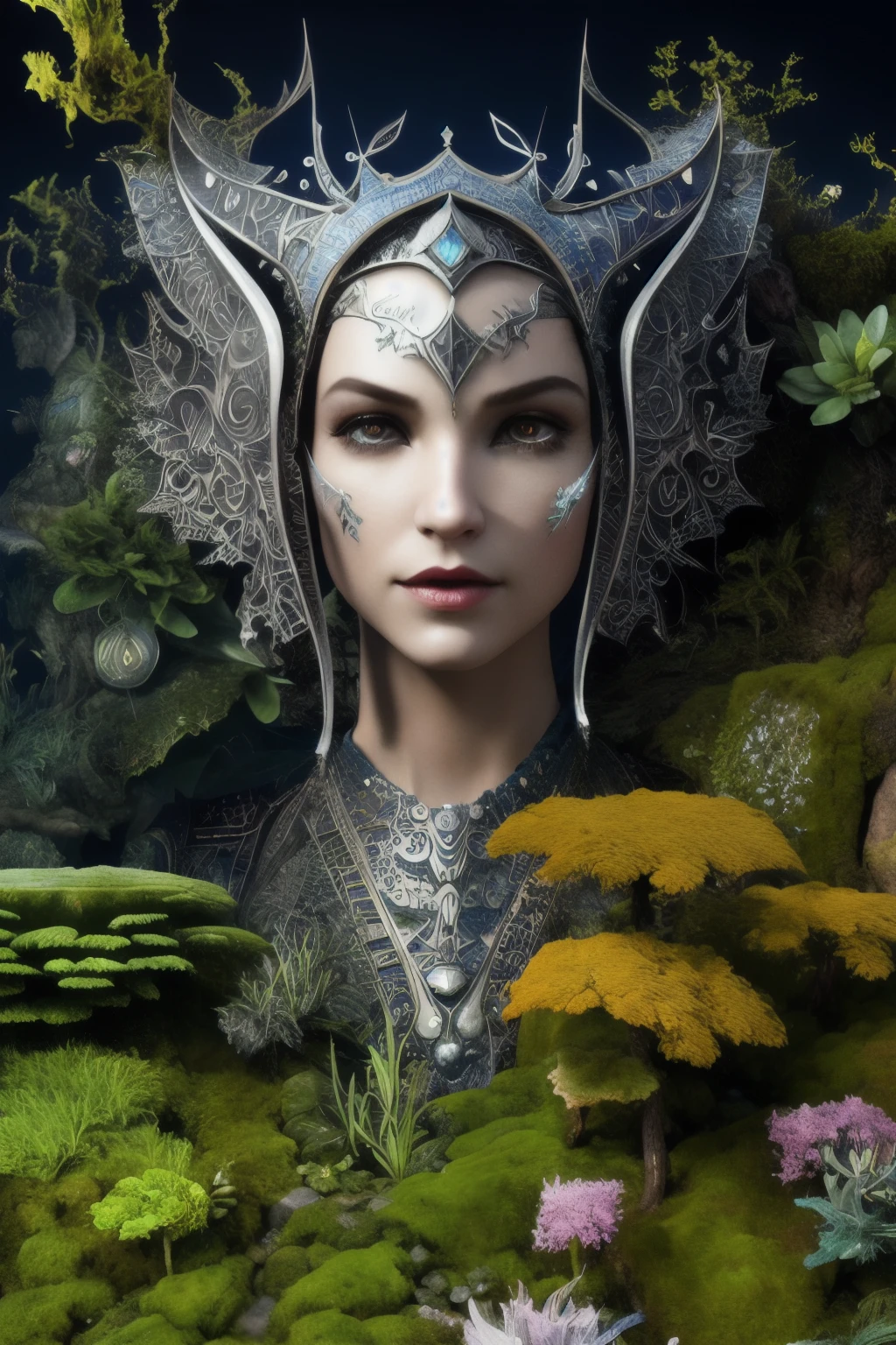 Close-up of a surreal moss elf with pointed ears in the style of Ernst Haeckel, Arthur Rackham, by Roger Dean, Jeff Wall, Wolfgang Tillmans, Brooke Shadow $illustration of etching drawing$ Detailed matte resin paint, deep color, Fantastic, complex part, screensaver, additional colors, fantasy concept art, Тенденции разрешения 8k на Artstation Unreal Engine 5
