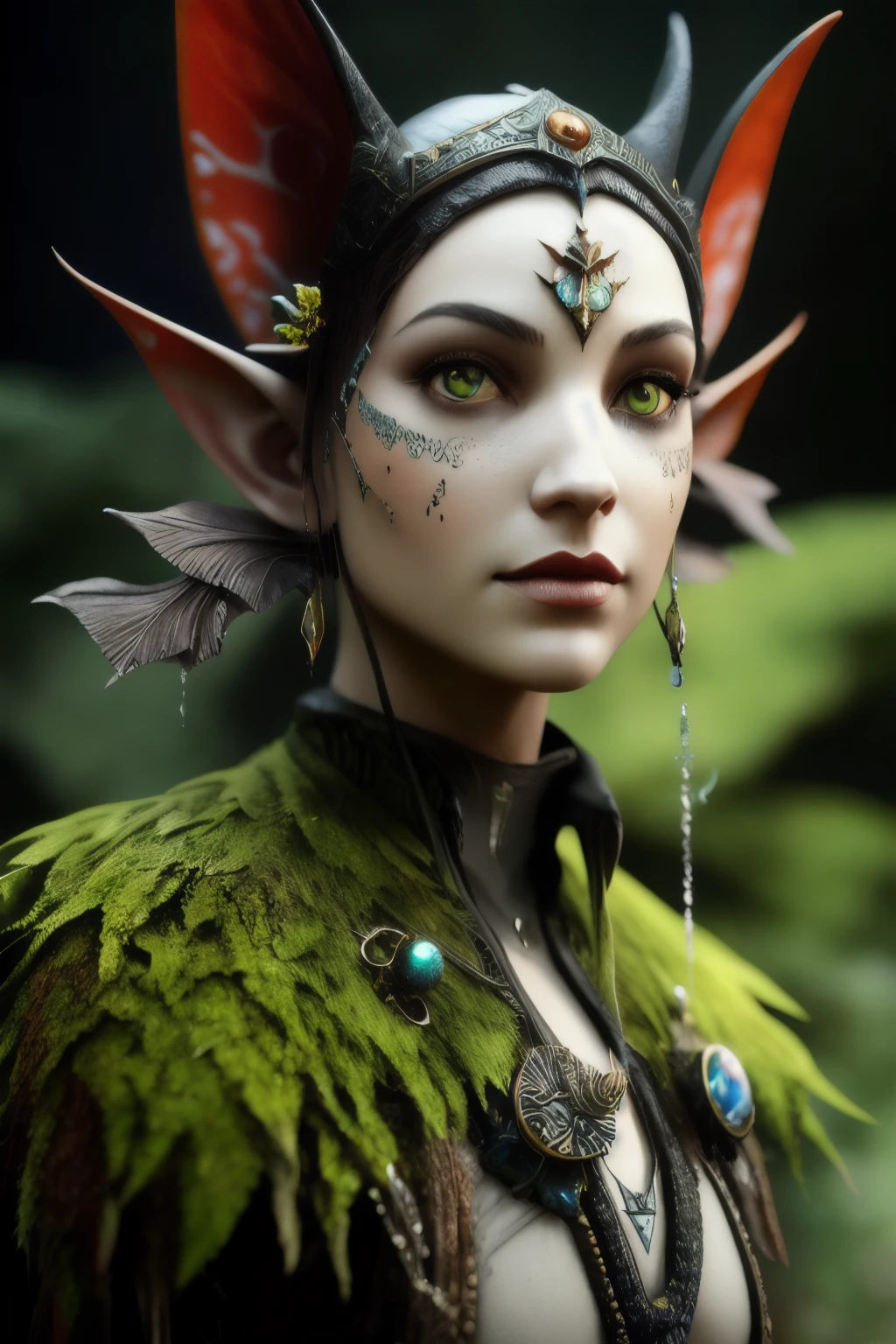 Close-up of a surreal moss elf with pointed ears in the style of Ernst Haeckel, Arthur Rackham, by Roger Dean, Jeff Wall, Wolfgang Tillmans, Brooke Shadow $illustration of etching drawing$ Detailed matte resin paint, deep color, Fantastic, complex part, screensaver, additional colors, fantasy concept art, Тенденции разрешения 8k на Artstation Unreal Engine 5
