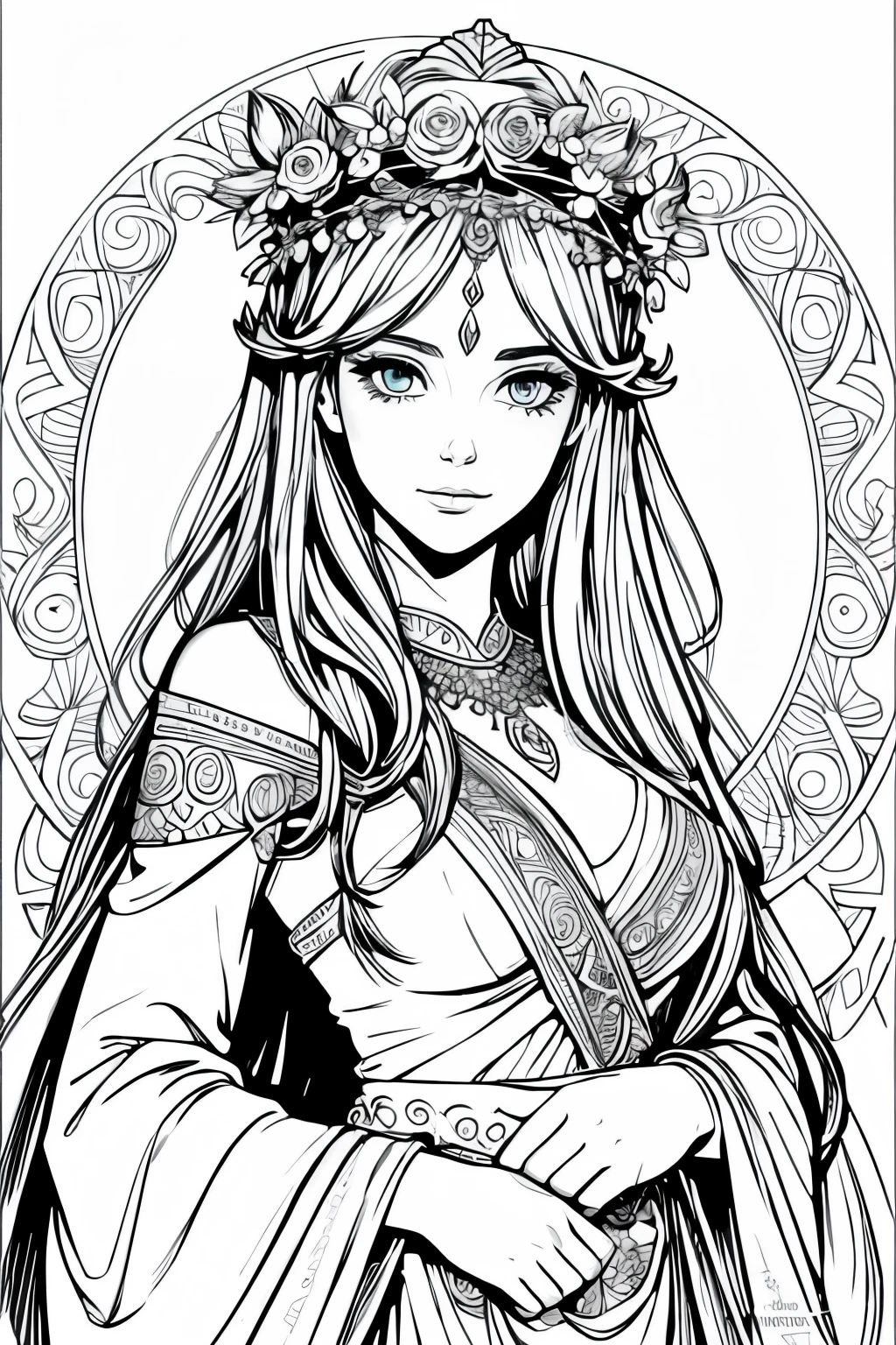 generate a coloring page, of a goddess with beautiful eyes and a floral crown on her head