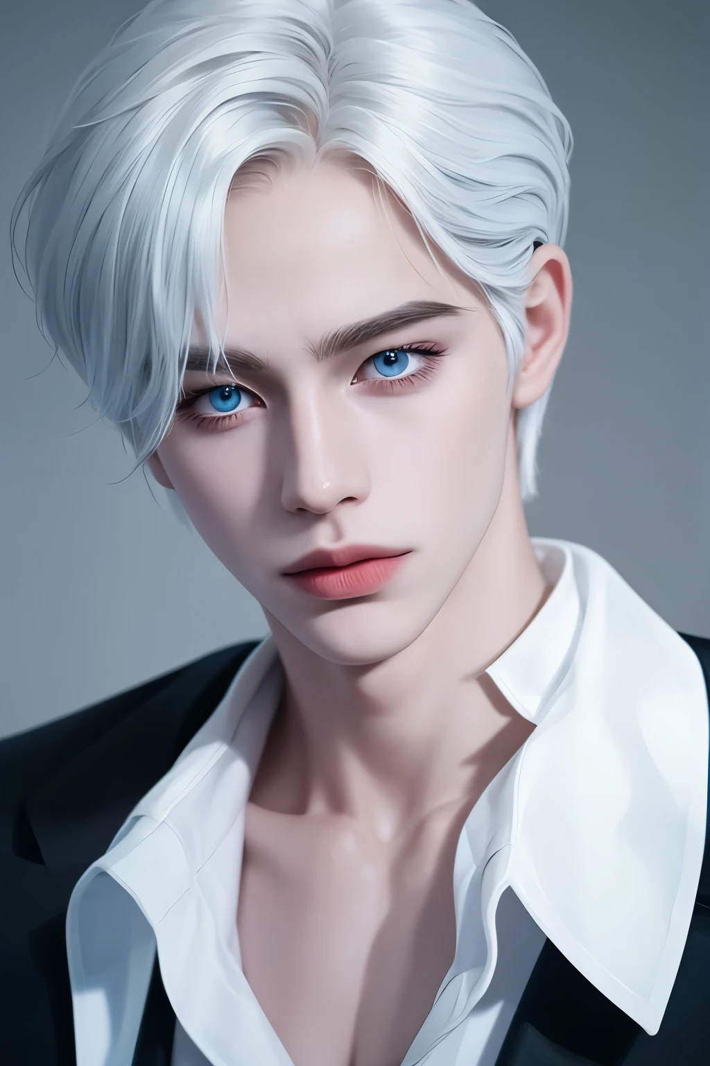 Boy, white hair, blue eyes, sharp, serious features, white skin, formal style