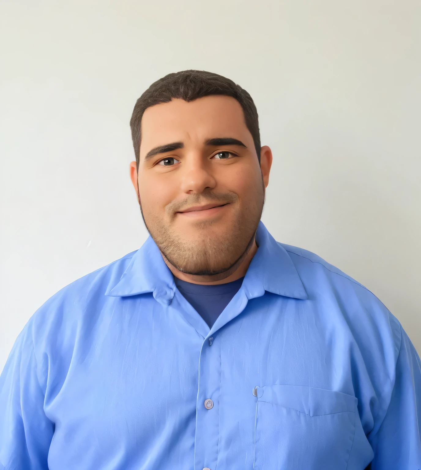 Homem, cor de pele escura, barba por fazer, gordinho, sorriso, utilizando camisa azul com camisa preta por dentro.