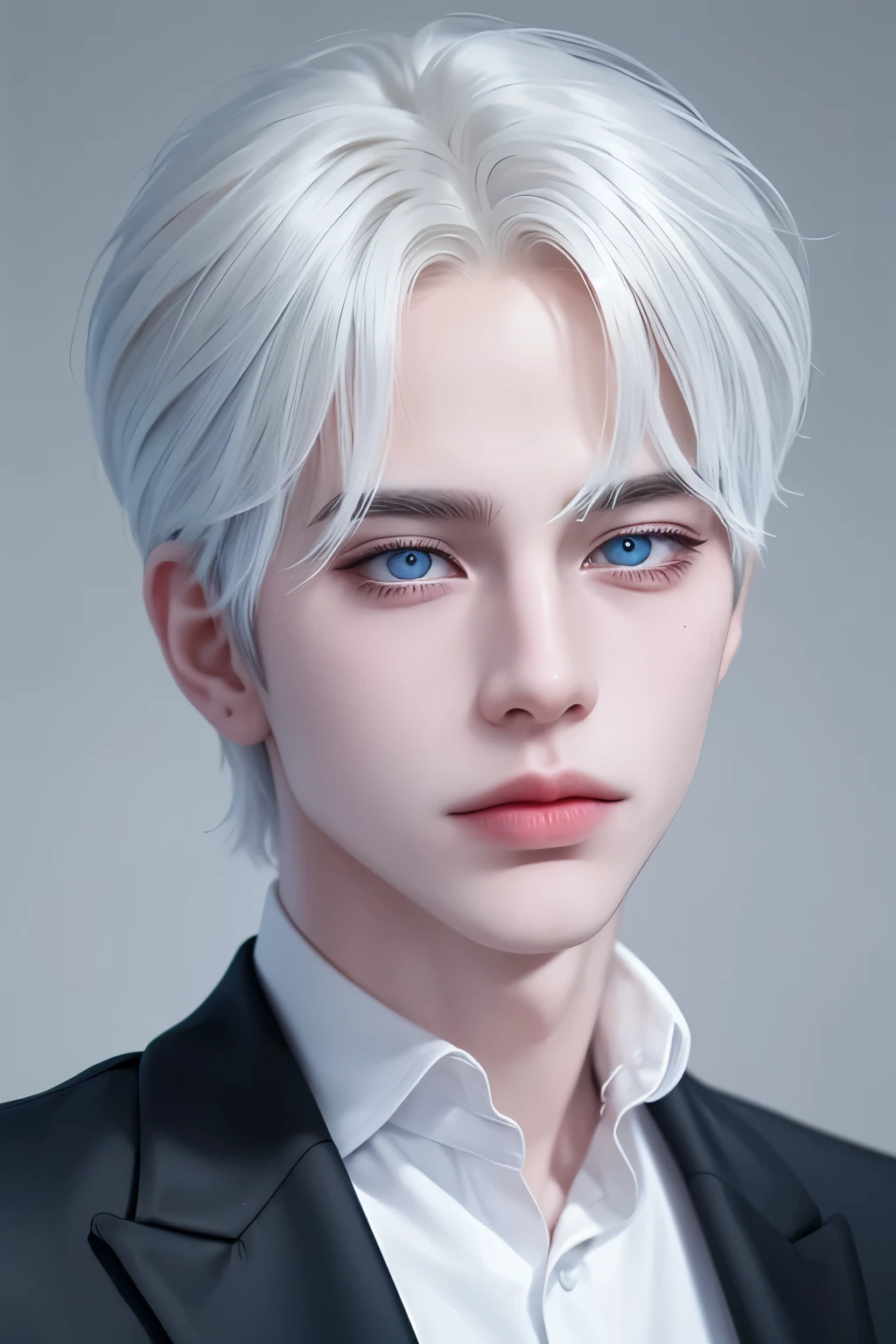 Boy, white hair, blue eyes, sharp, serious features, white skin, formal style
