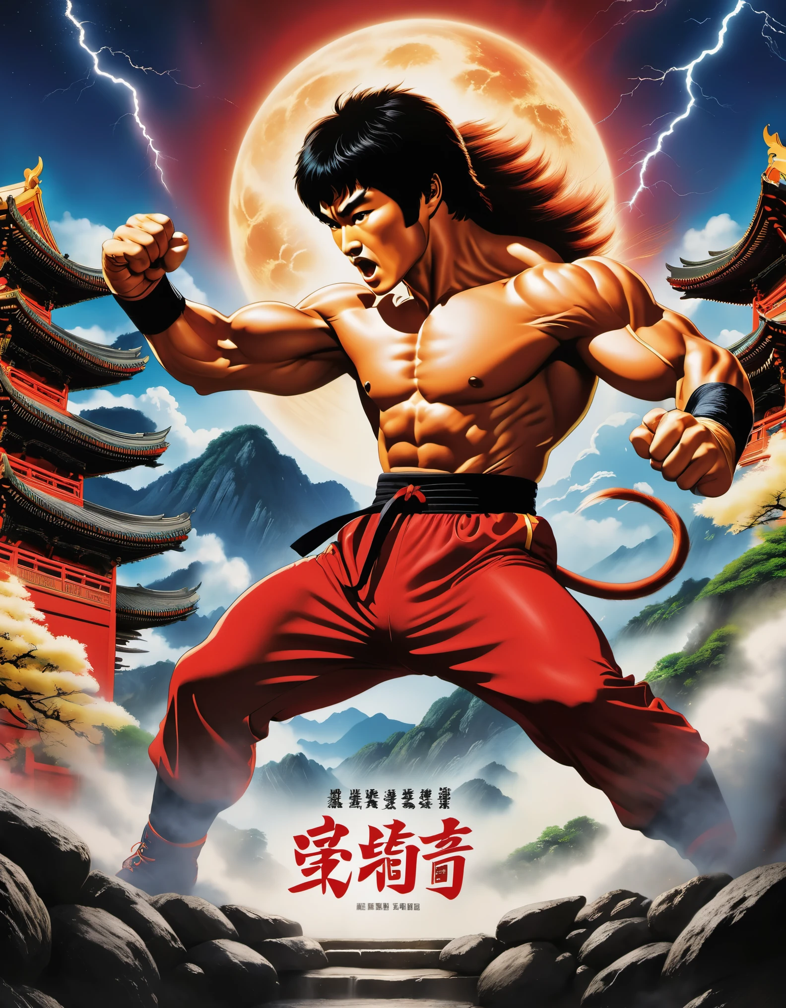 Movie poster, dueling moments, (a strong red Chinese lion Bruce Lee boxing), punching action, anthropomorphic, letters "china", vastness of the universe, landslides, crushed stones flying around, lightning, world conquering, crushing everything, shocking images, elevated angle photography, poster, animation, Studio Ghibli, detailed illustration, Kawasaki style, 32k, night, official wallpaper, selective focus, Documentary style.
Elevation Angle Photography, Poster, Animation, Studio Ghibli, Detailed Illustration, Official Art, Kawasaki Style, 32k, Night, HD Wallpaper, Selective Focus, Documentary Style, Precisionist Influence, Thought-provoking, Ethereal Atmosphere