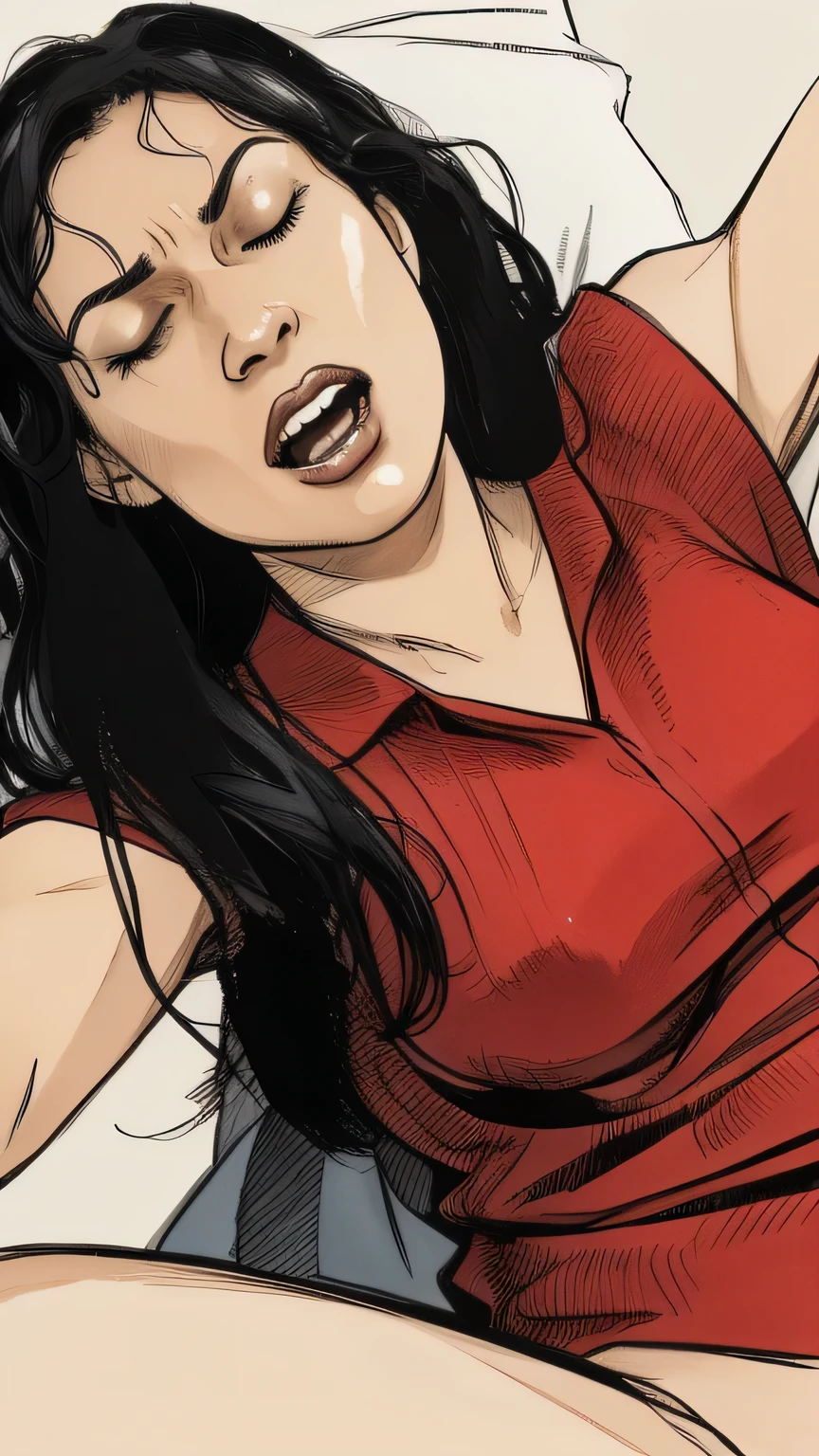 ((close-up, open mouth)), a 40yo woman (wavy black hair), (((yawning, gape, closed eyes, open mouth, feel pain))), yawning, indoor, (wearing a red sleep dress:1.2), desire, bed, heavy breathing, sexual expression, legs wide open, ((kneeling, intense movement, sweat, hands behind back))
