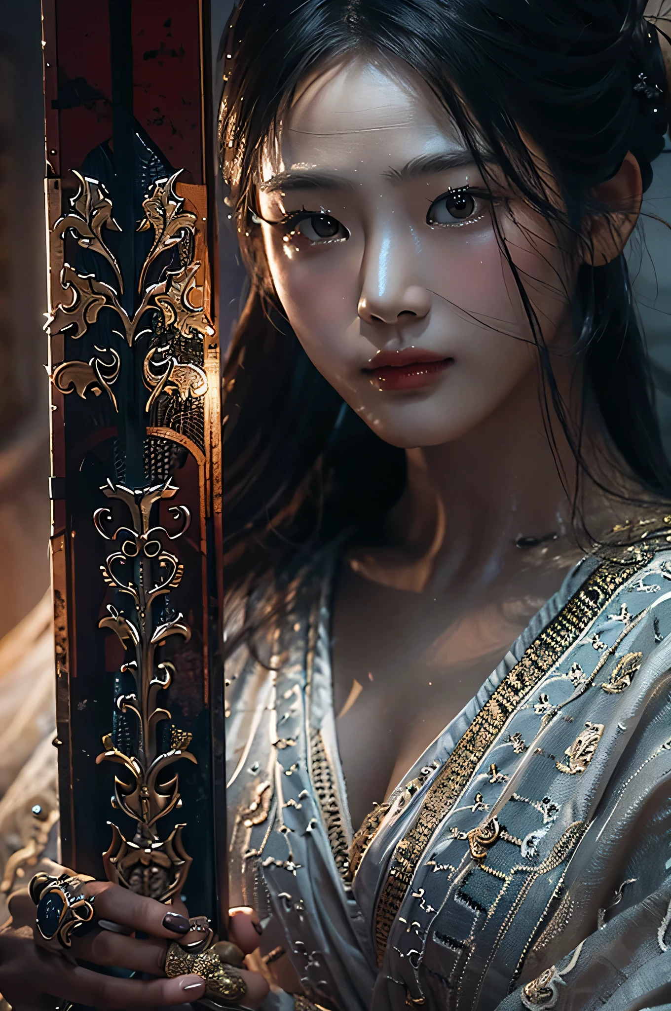 (highest image quality), (masterpiece), (vibrant, photography realistic, Realistic, Dramatic, Dark, Sharp focus, 8K), beautiful, Highly detailed face and skin texture, sexy wedding dress, ethereal beauty, mature asian woman,black long hair, make up, nsfw ,Close up shot, ((backlight)), holding sword, samurai wedding