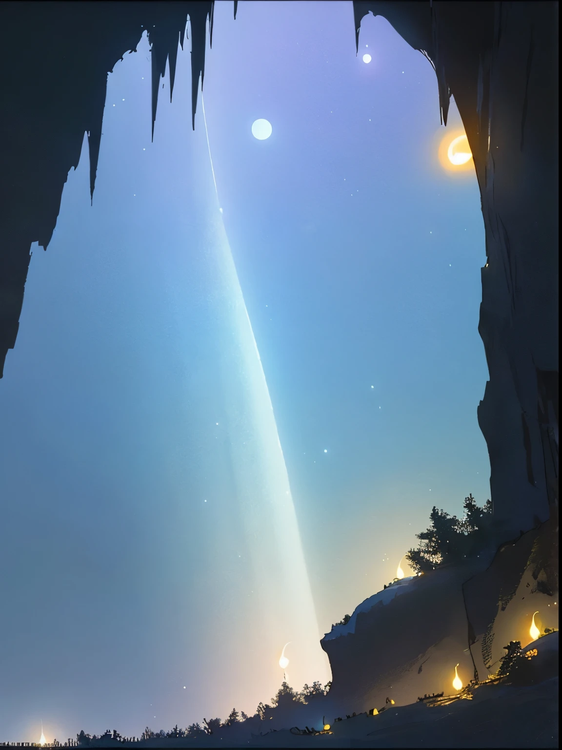 Certainly! The prompt I used was:

"A view from inside a cave looking up to see a crescent moon shining in the dark night sky, with the gentle glow of fireflies around. The scene is painted in soft, pastel colors to create a serene and magical atmosphere. The silhouette of the cave's entrance frames the view, enhancing the depth and mystical feel of the moment. This image captures the delicate balance between light and darkness, blending the natural beauty of the moon and fireflies with the tranquility of the cave environment."