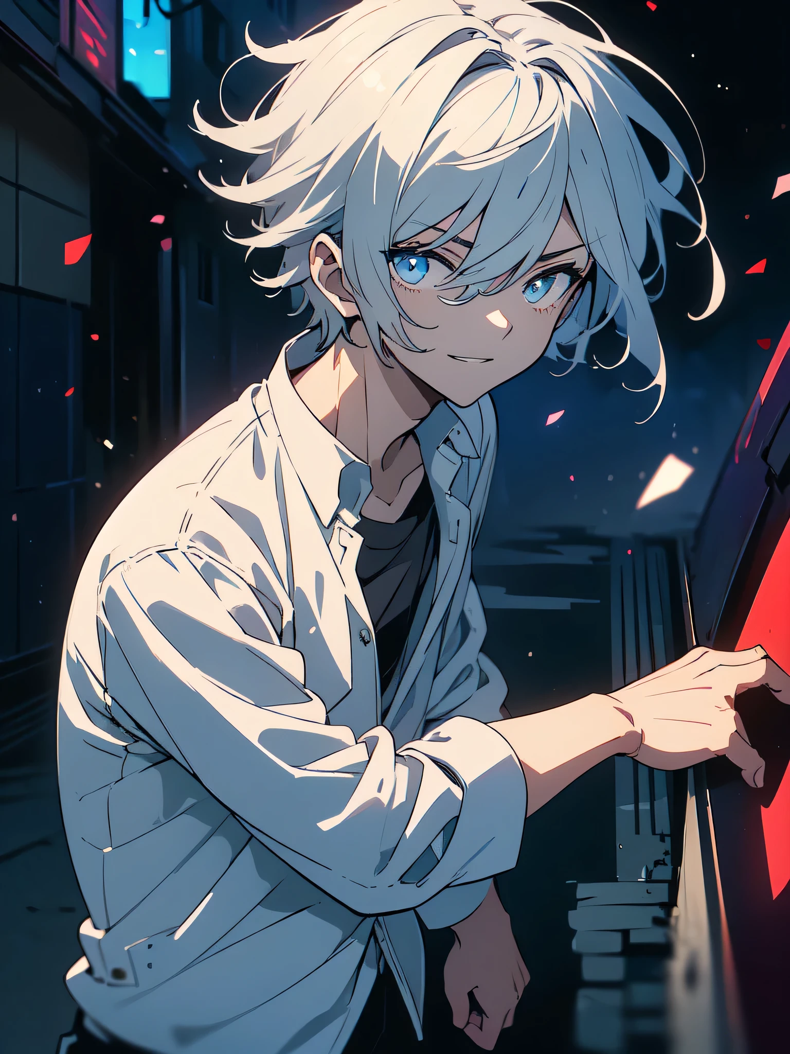 (masterpiece, highest quality、be familiar with)、(shining eyes), ((one young man)),((cool boy))、(sky gray hair,inner color)、colorful eyes,serious expression, evil smile,line drawing,(all back、reap))、messy hair、(short hair),(asymmetrical hair、two block hair),white blazer,black t-shirt,expressionless eyes,((beautiful animeスタイル))、(dark and serious background),(dark back alley)、(downtown at night)、beautiful anime