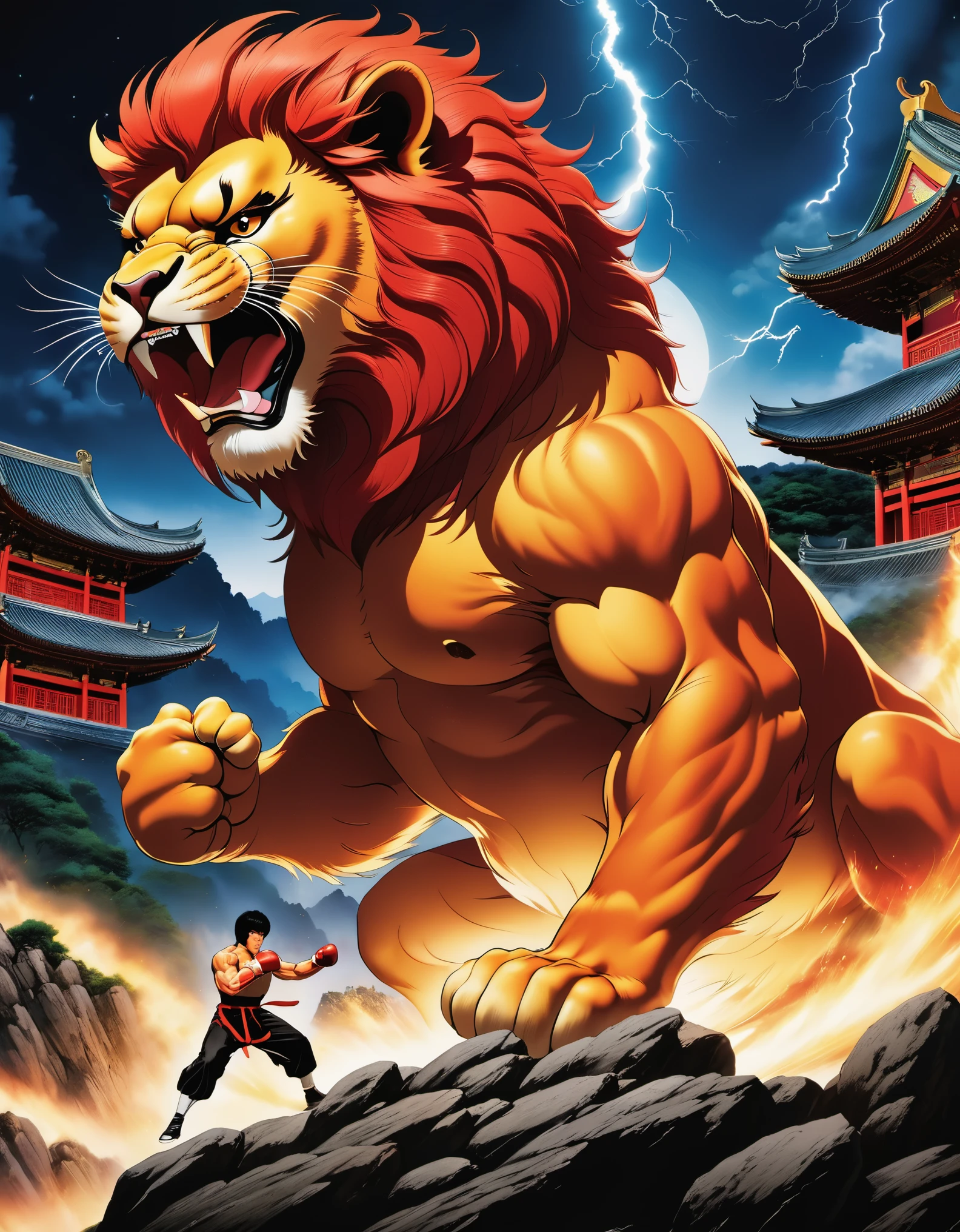 Movie poster, dueling moments, (a strong red Chinese lion Bruce Lee boxing), punching action, anthropomorphic, letters "china", vastness of the universe, landslides, crushed stones flying around, lightning, world conquering, crushing everything, shocking images, elevated angle photography, poster, animation, Studio Ghibli, detailed illustration, Kawasaki style, 32k, night, official wallpaper, selective focus, Documentary style.
Elevation Angle Photography, Poster, Animation, Studio Ghibli, Detailed Illustration, Official Art, Kawasaki Style, 32k, Night, HD Wallpaper, Selective Focus, Documentary Style, Precisionist Influence, Thought-provoking, Ethereal Atmosphere