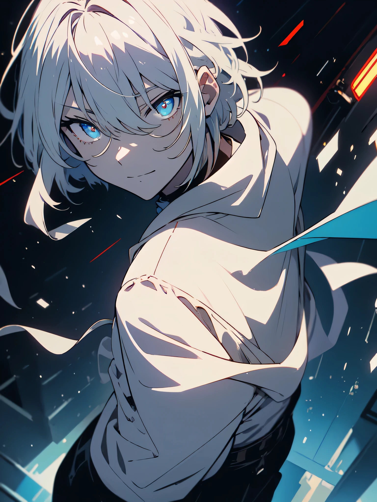 (masterpiece, highest quality、be familiar with)、(shining eyes), ((one young man)),((cool boy))、(sky gray hair,inner color)、colorful eyes,serious expression, evil smile,line drawing,(all back、reap))、messy hair、(short hair),(asymmetrical hair、two block hair),white blazer,black t-shirt,expressionless eyes,((beautiful animeスタイル))、(dark and serious background),(dark back alley)、(downtown at night)、beautiful anime