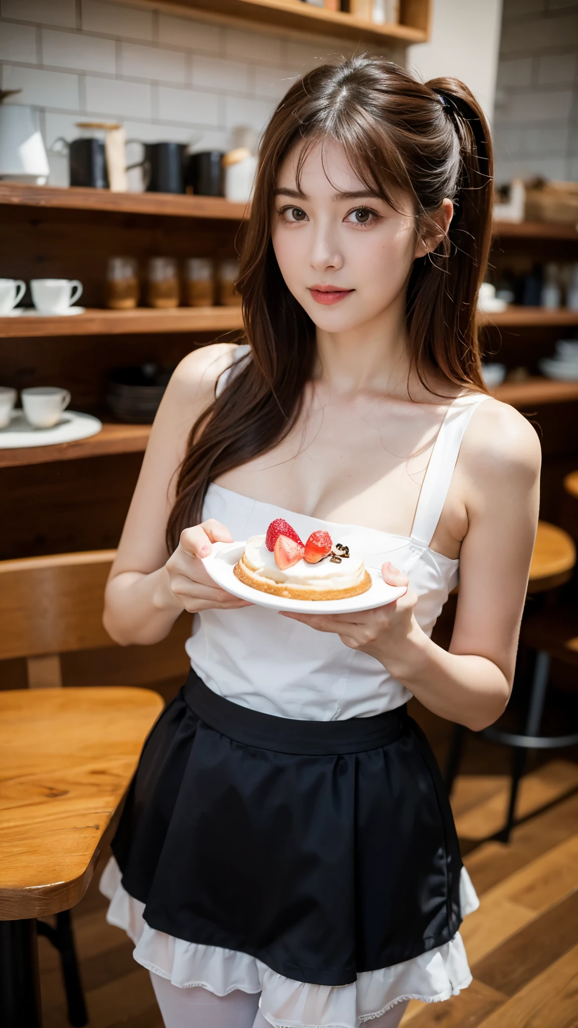 Publicity photo, The place is a coffee shop, 1 girl, 16 year old face, Waitress carrying cake to table, (super realistic pantyhose:1.2). Red-haired twin-tailed, kind face, Gothic lolita half costume and strawberry-inspired maid outfit, Dress in white,