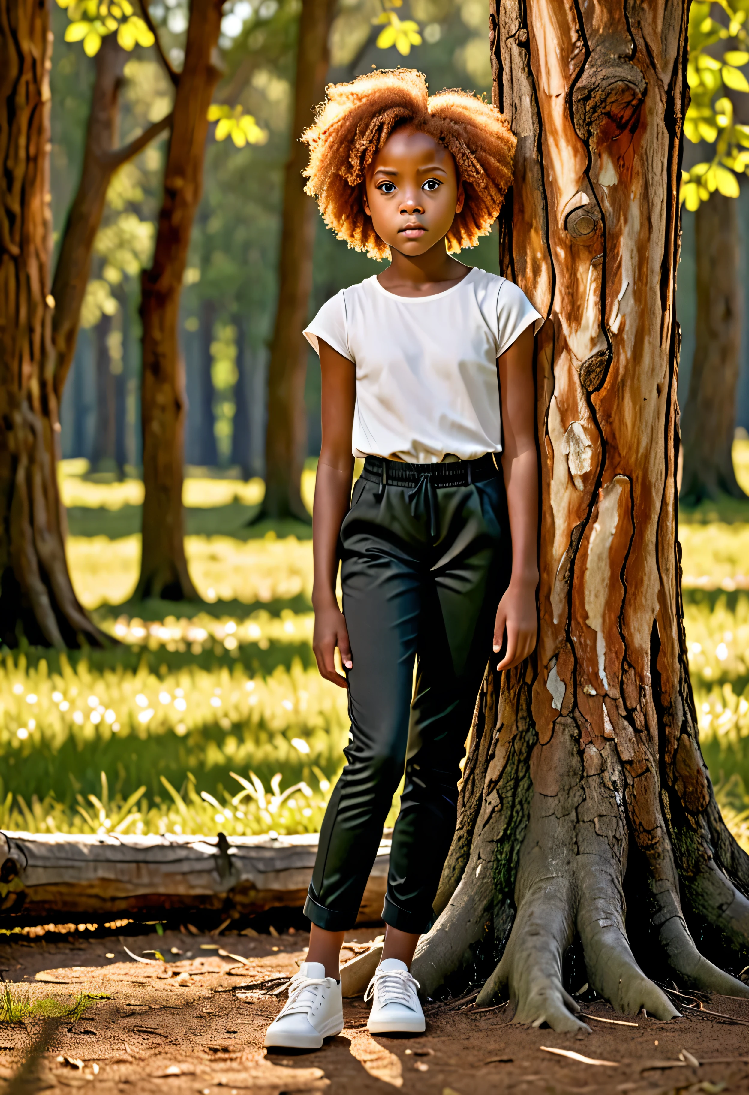 showing image from afar, wide view, African American, 3d illustretion of A young girl, as precious pretty, 8y.o, with short fiery hair,  fearful eyes, ((fearful eyes;1.2)), hidden behind a weathered tree trunk, hiding behind a tree, in a clearing, bathed in the warm afternoon light, afraid, scared, panicked, wearing white tan top and black pant, long sleve, oily skin, white shoes