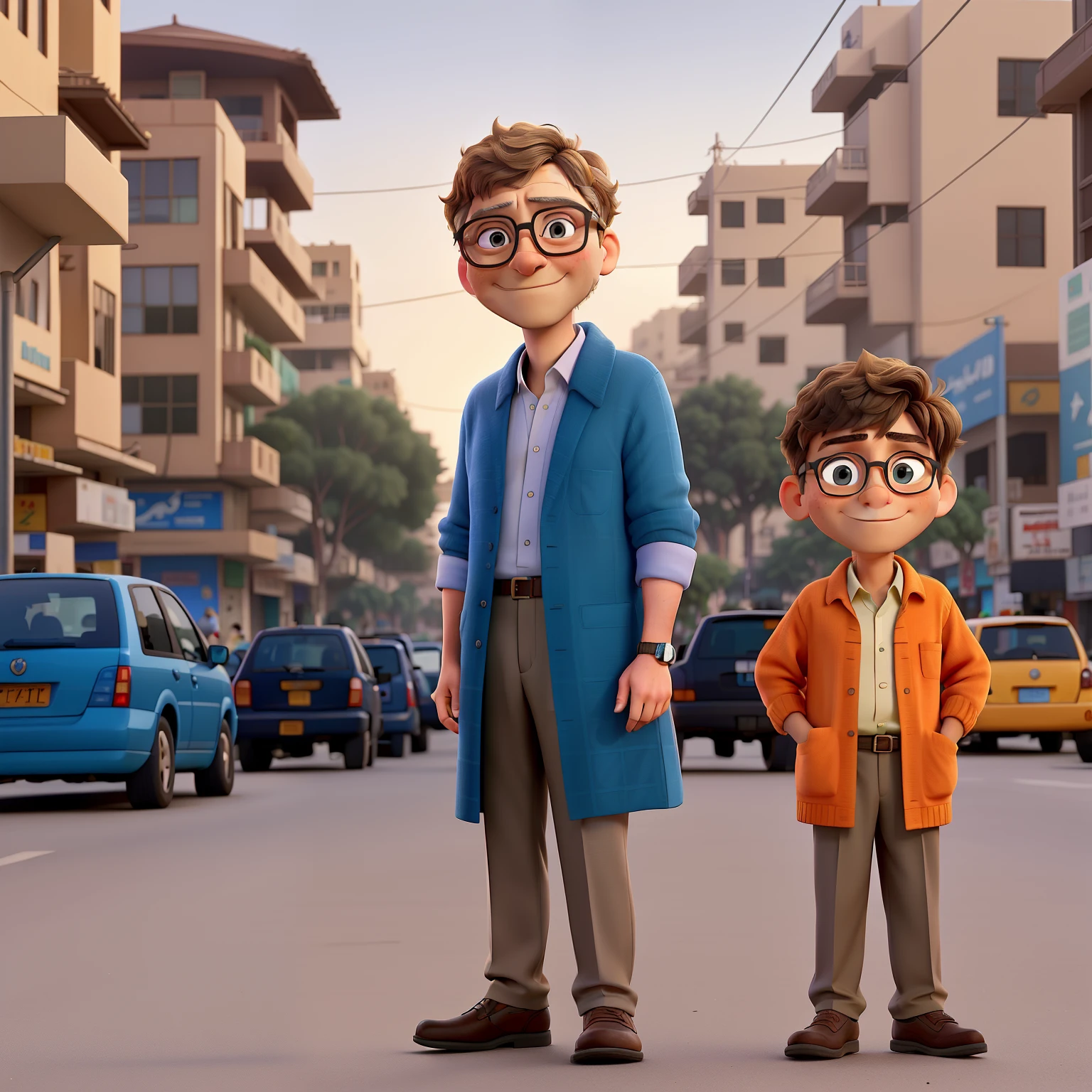Bill Gates, the renowned tech magnate, is captured in an intriguing moment on a bustling street in Karachi, Pakistan. The sun is setting, casting long shadows, and the warm glow of the street lamps illuminates his face. He is dressed casually in a light-colored shirt and trousers, a stark contrast to the vibrant colors and patterns of the traditional Pakistani outfits surrounding him.
Bill's eyes are focused intently on a group of young children huddled around a worn-out laptop, their curious expressions mirroring his own fascination. Dust particles dance in the air as they excitedly explore new concepts on the screen. The cac