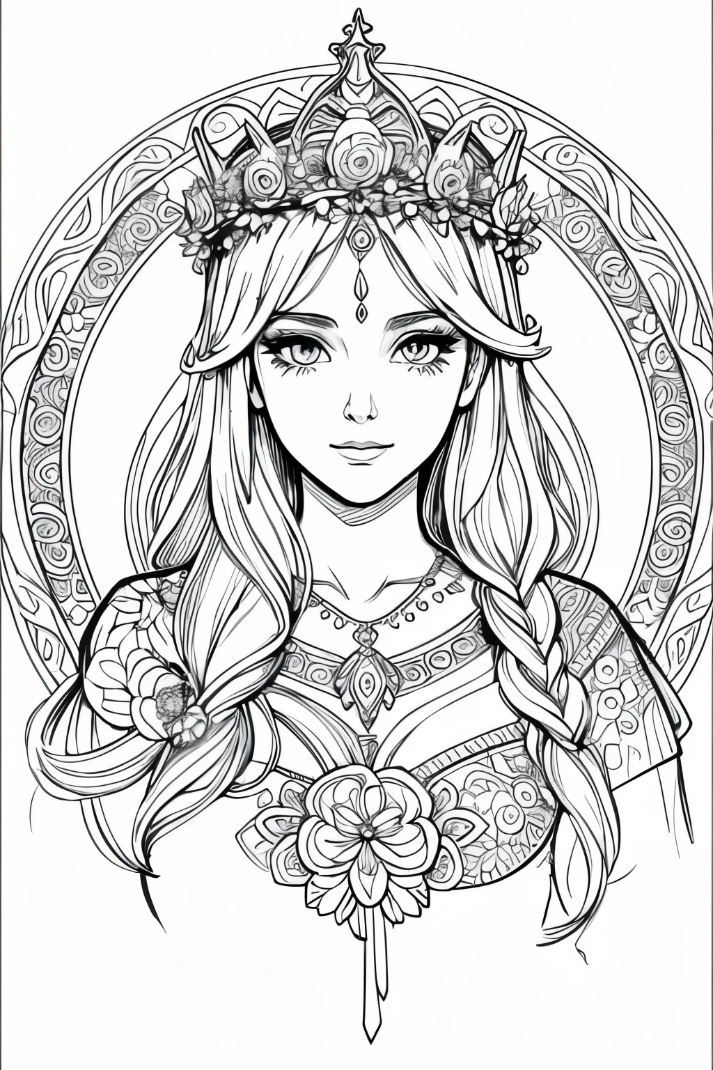 generate a coloring page, of a goddess with beautiful eyes and a floral crown on her head, only the faceand neck, a simple white background, no gray colors, no colors, only black and white lines