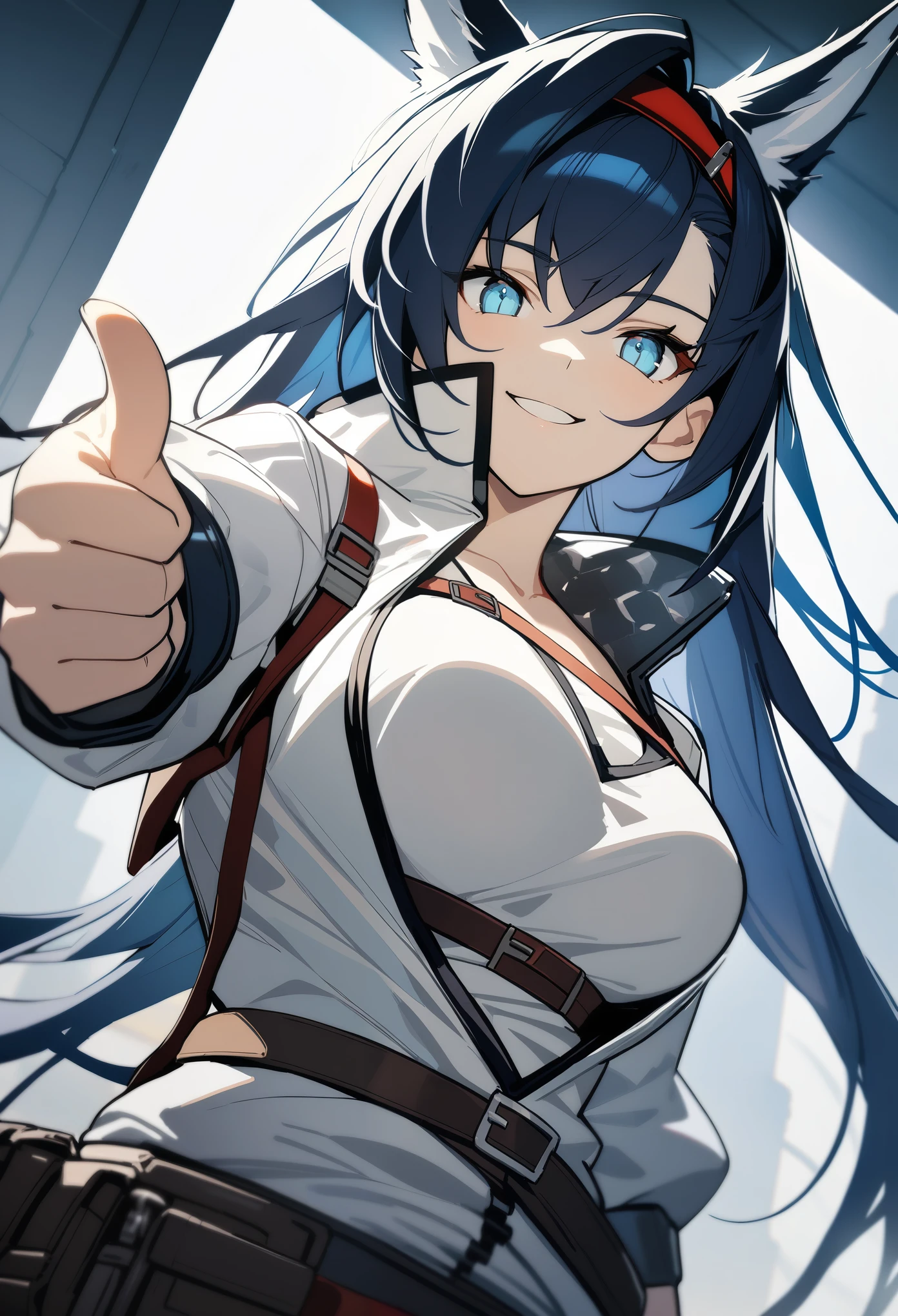 1girl, blaze\(arknights), arknights, upper body, standing, cat ears, black hair, long hair, blue eyes, breasts, smile, white jacket, white shirt, thumbs up, cinematic angle, masterpiece, best quality