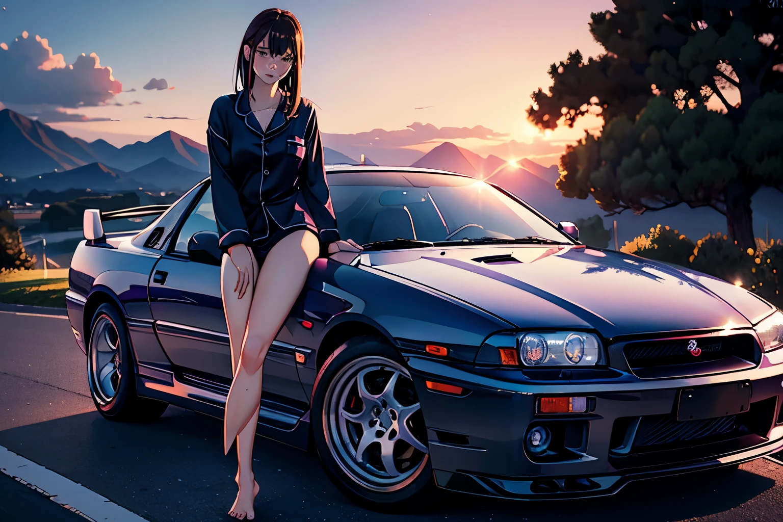best quality, masterpiece, ultra high res, 8K, raw, (photo realistic:1.4), physically-based rendering, depth of field, looking at viewers, slender, (sitting:1.1), detailed beautiful face, 1 girl, cute, young, nose blush, big black eyes, open mouth, tiny breasts, black hair, detailed clothes, (pajamas:1.3), no shoes ,pureerosface_v1,girl leaning on car, Nissan Skyline GT-R R34 V-Spec II (2002), sunset, purple theme, high shadows, hill side background view with water