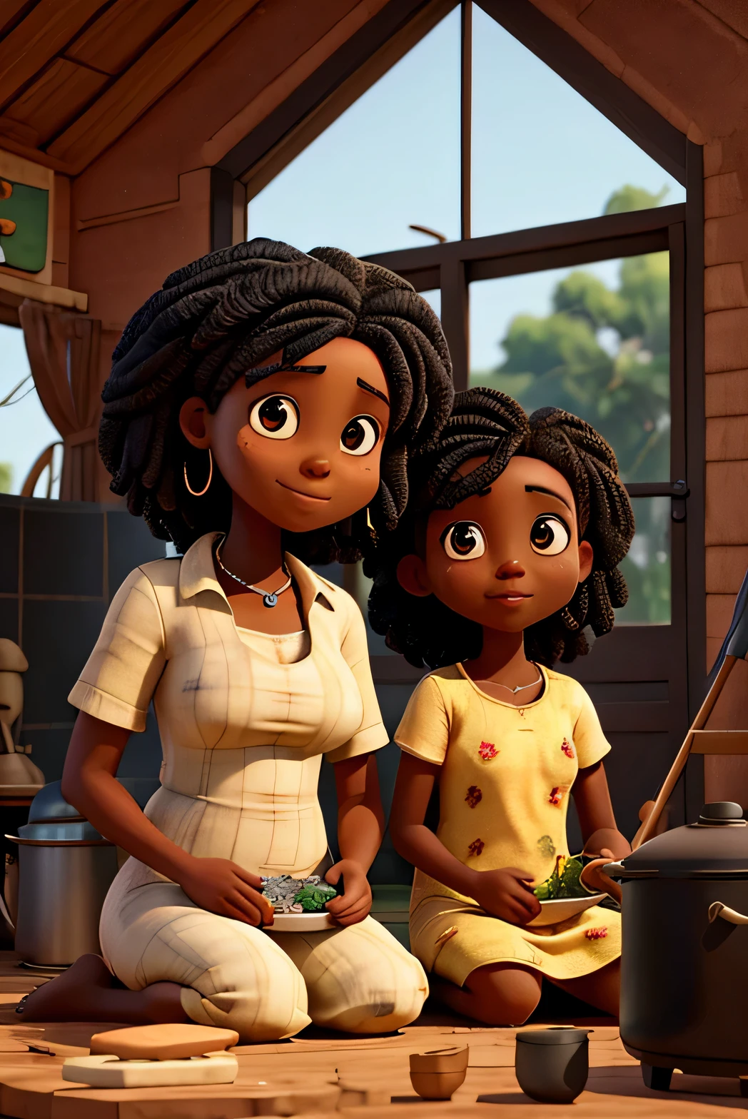Um filme inspirado na Disney Pixar (MENINA NEGRA JOVEM COM CABELO LONGO CACHEADO PRETO) dentro A cena estar na arte distinta do estilo PIXAR, descolada e estilosa