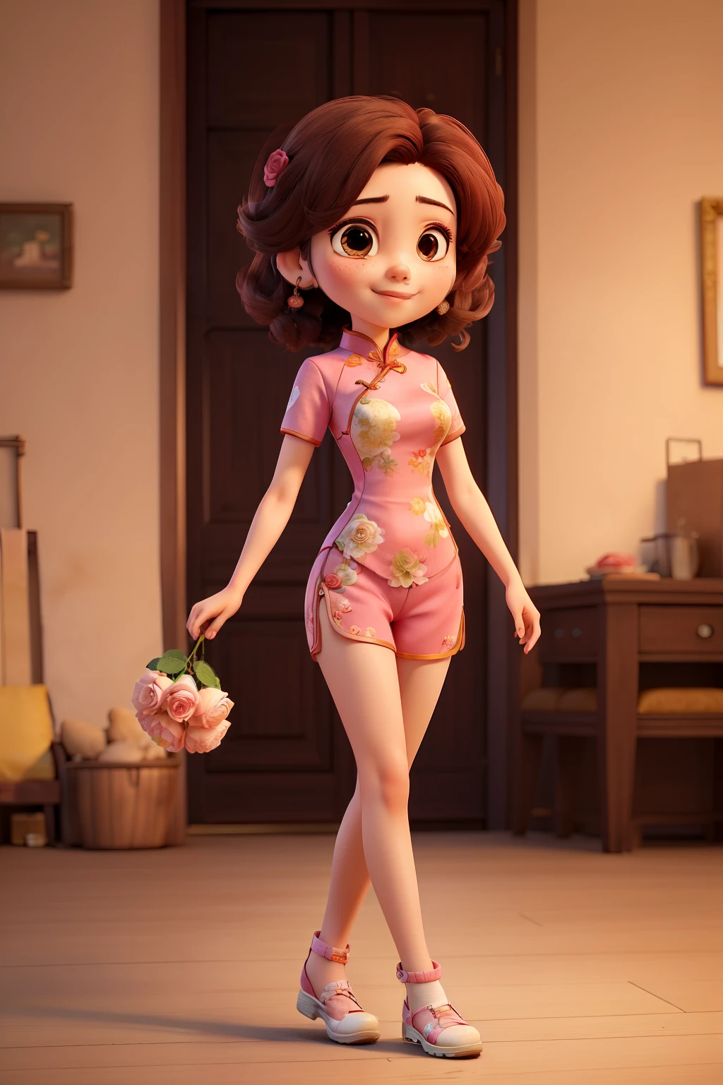 ((best quality)), ((masterpiece)), (detailed), perfect face,，whole body，Wearing a pink short cheongsam，Holding 11 roses in hand