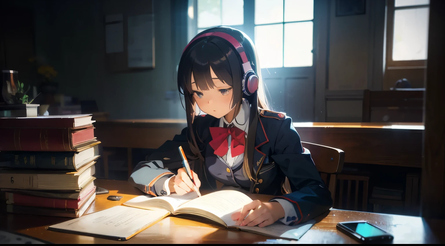 Anime girl wearing headphones sitting at a laptop table and studying,微笑み praise-girl, praise artstyle, praise art, praise vibes, praise feel, high school girl、uniform、praise hip hop, praise, chill hop, praise girl aesthetic, praise portrait, Lofivibe, praise color, anime atmosphere, The aesthetics of the praise