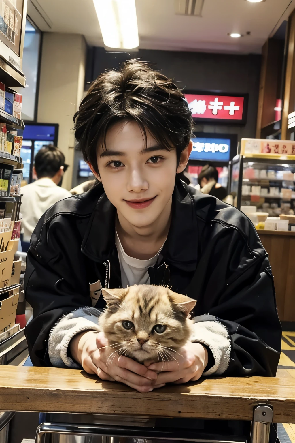 Japan. Akihabara pet shop, Tokyo. Handsome clerk. highest quality, masterpiece, ultra high resolution Looking at me and smiling cute animals