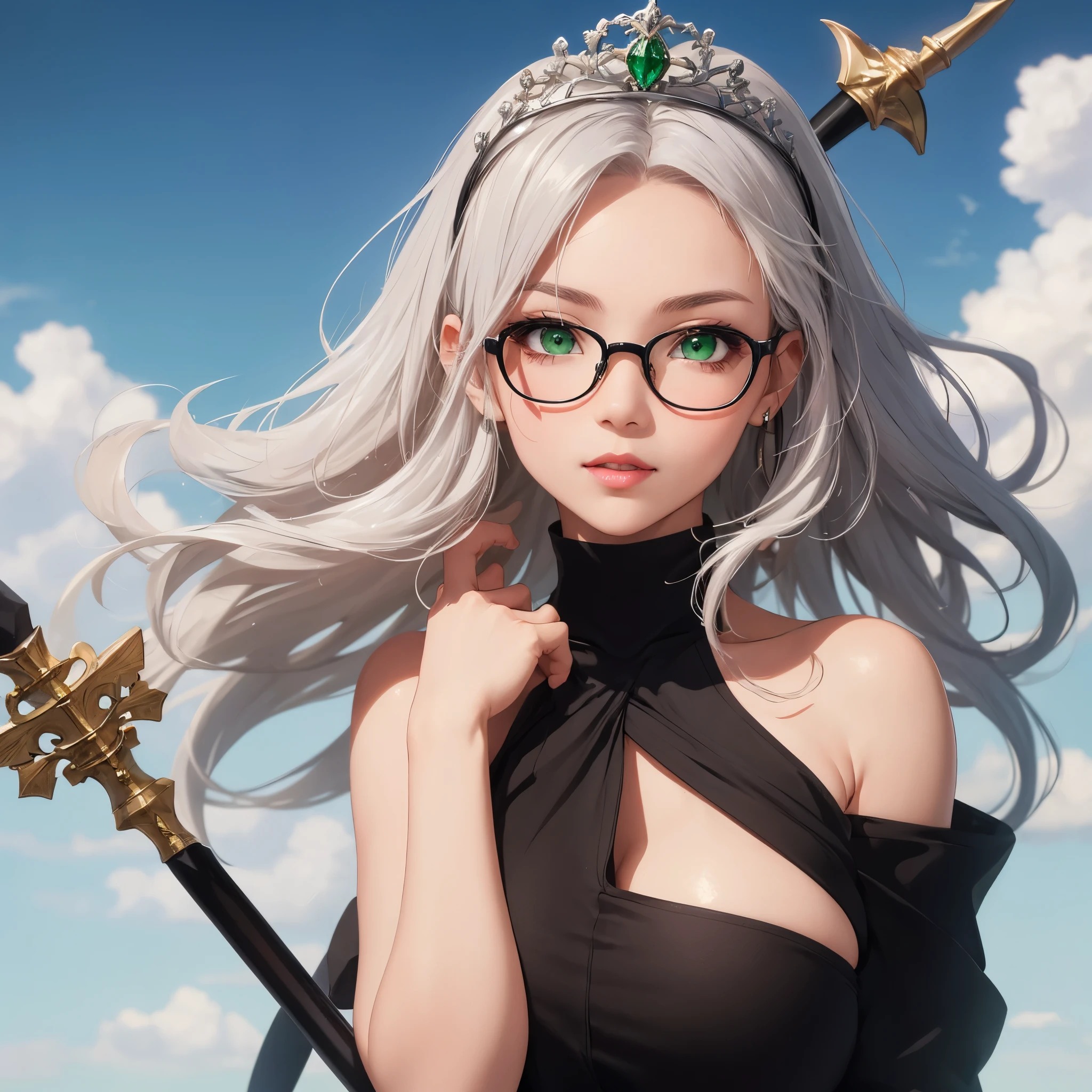 ((best quality)), ((masterpiece)), (detailed), perfect face a beautiful white-toned girl with black and silver hair wearing glasses and skin-fit black clothes, green eyes, glossy skin. detailed skin, pink lips  with a spear in hand a tiara on her head, full body display, not naked,